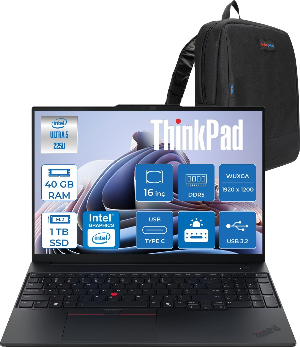 LENOVO Thinkpad E16 Gen3  WUXGA IPS 21SR006VTXF18 Intel Core Ultra 5 225U 40 GB RAM 1 TB SSD 16 inç FreeDOS Laptop+Çanta Siyah