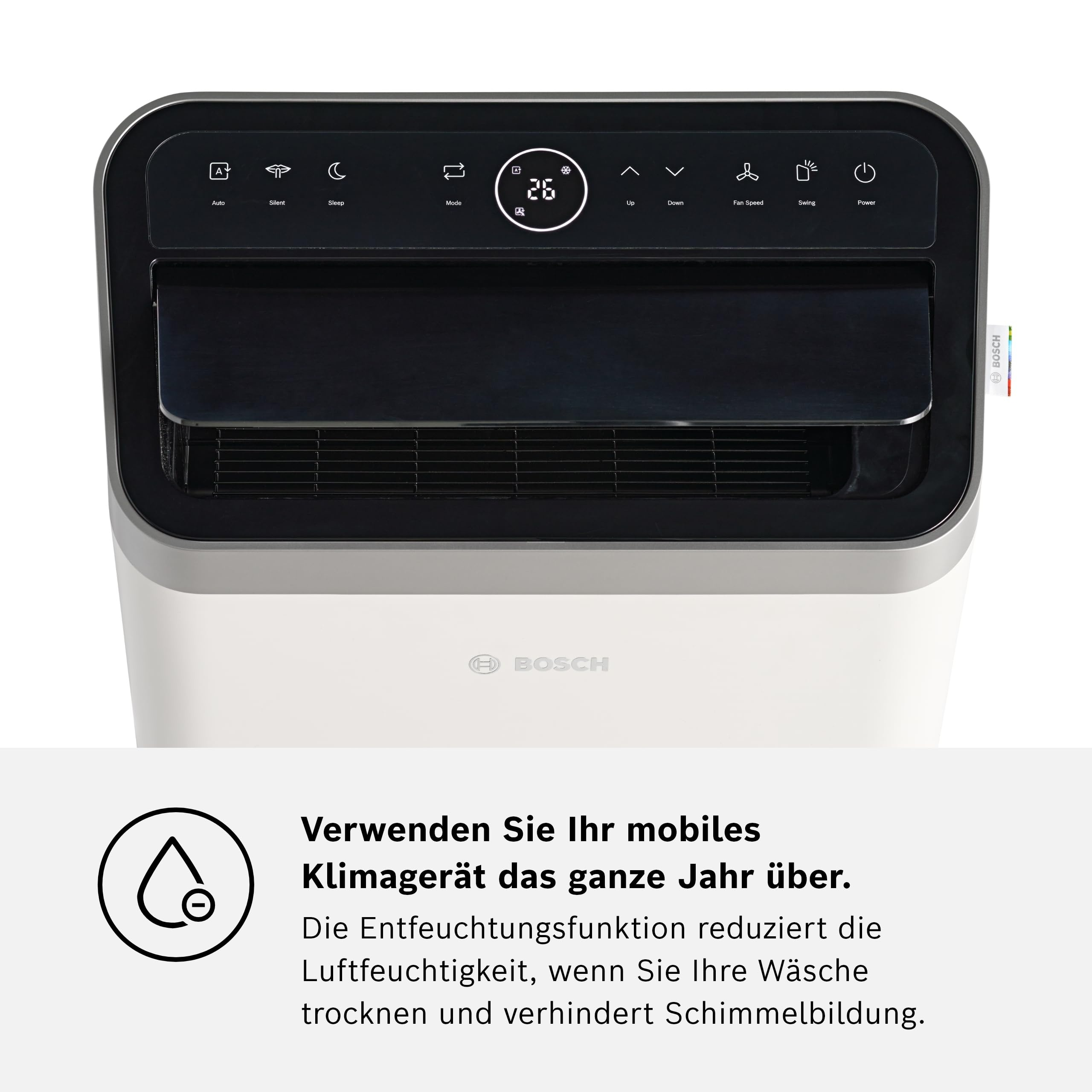 Bosch airconditioner met touchscreen bedieningspaneel met 26 graden.