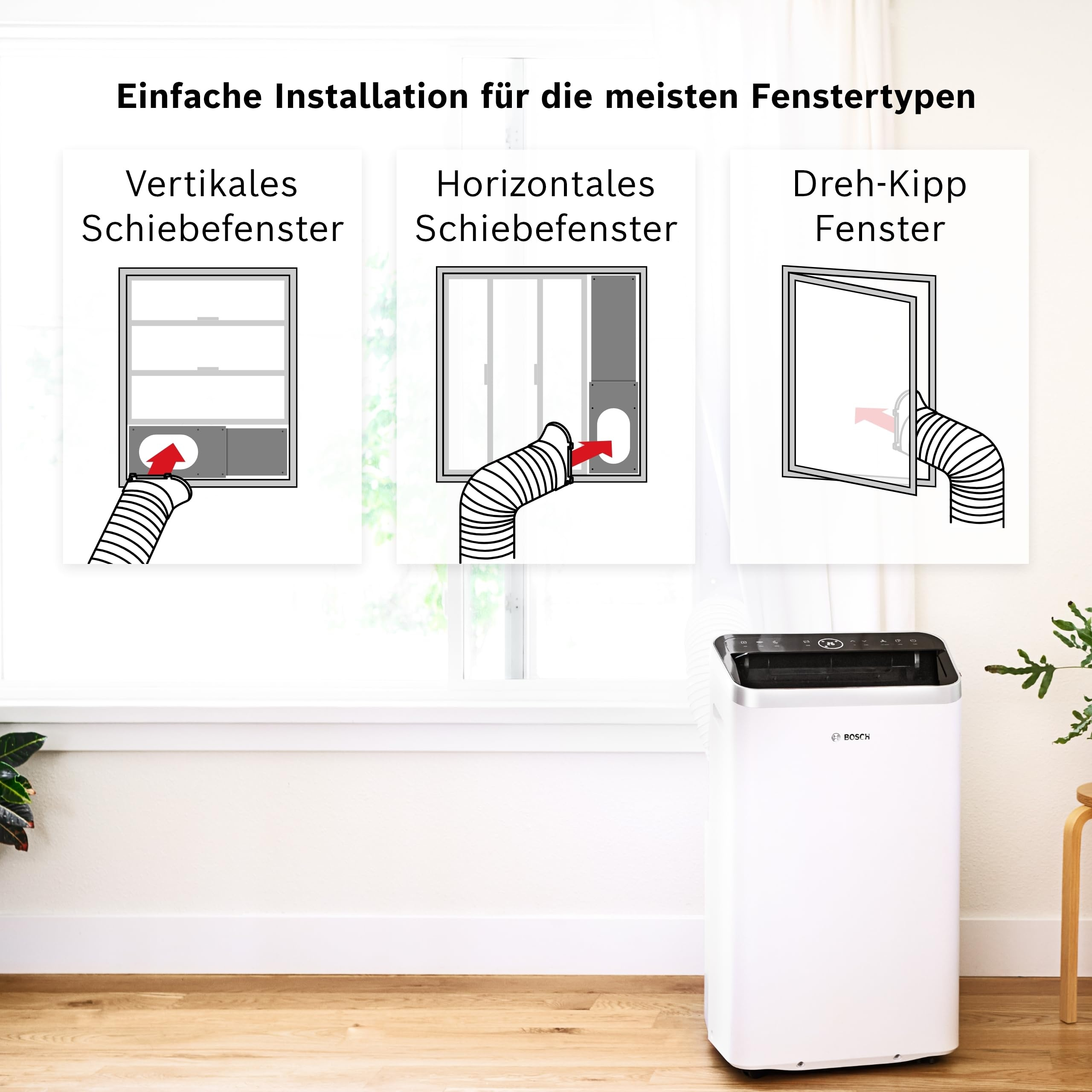 Een witte Bosch airconditioner op een houten vloer, met illustraties van raaminstallaties ernaast.