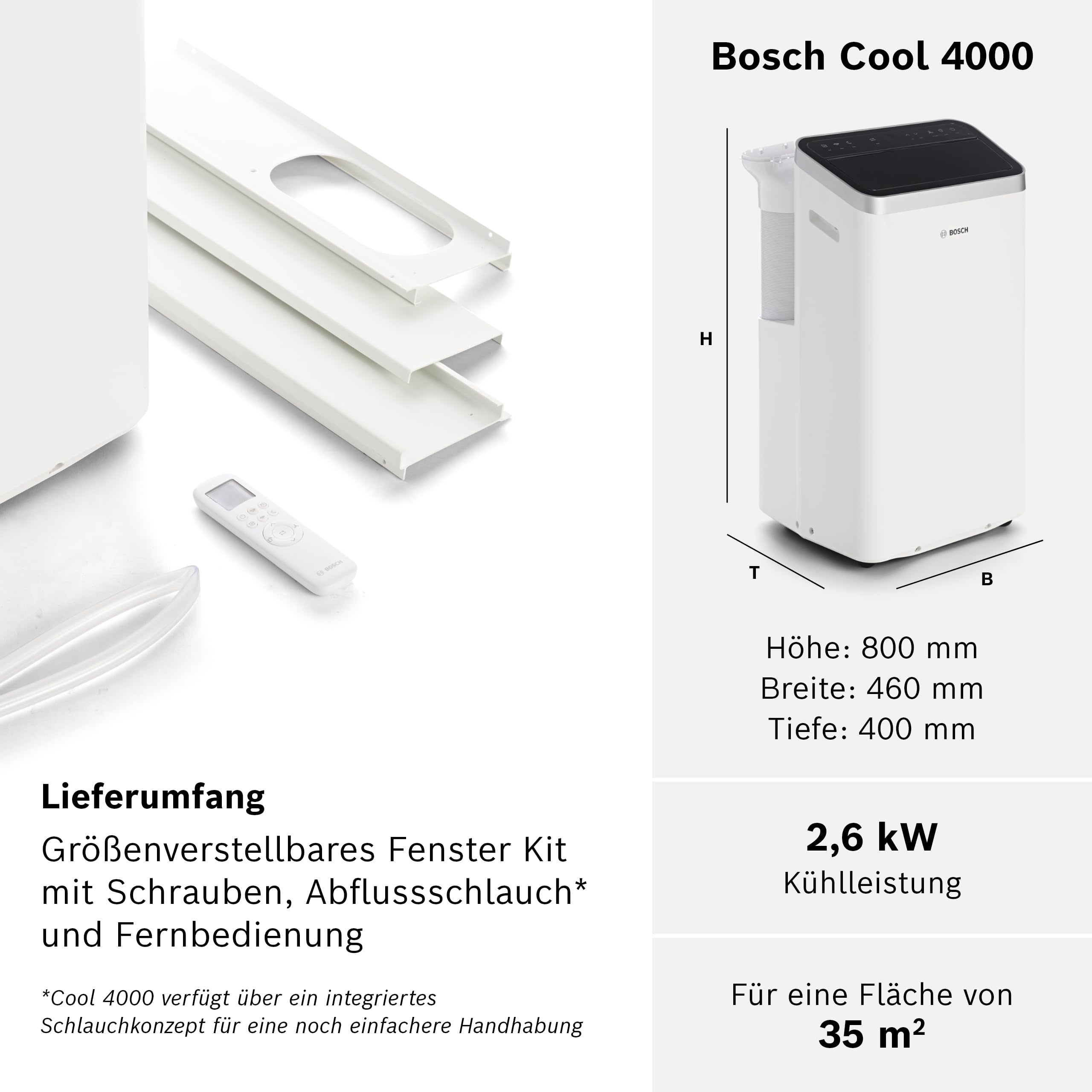 Bosch Cool 4000 airco met raamkit, slang en afstandsbediening.
