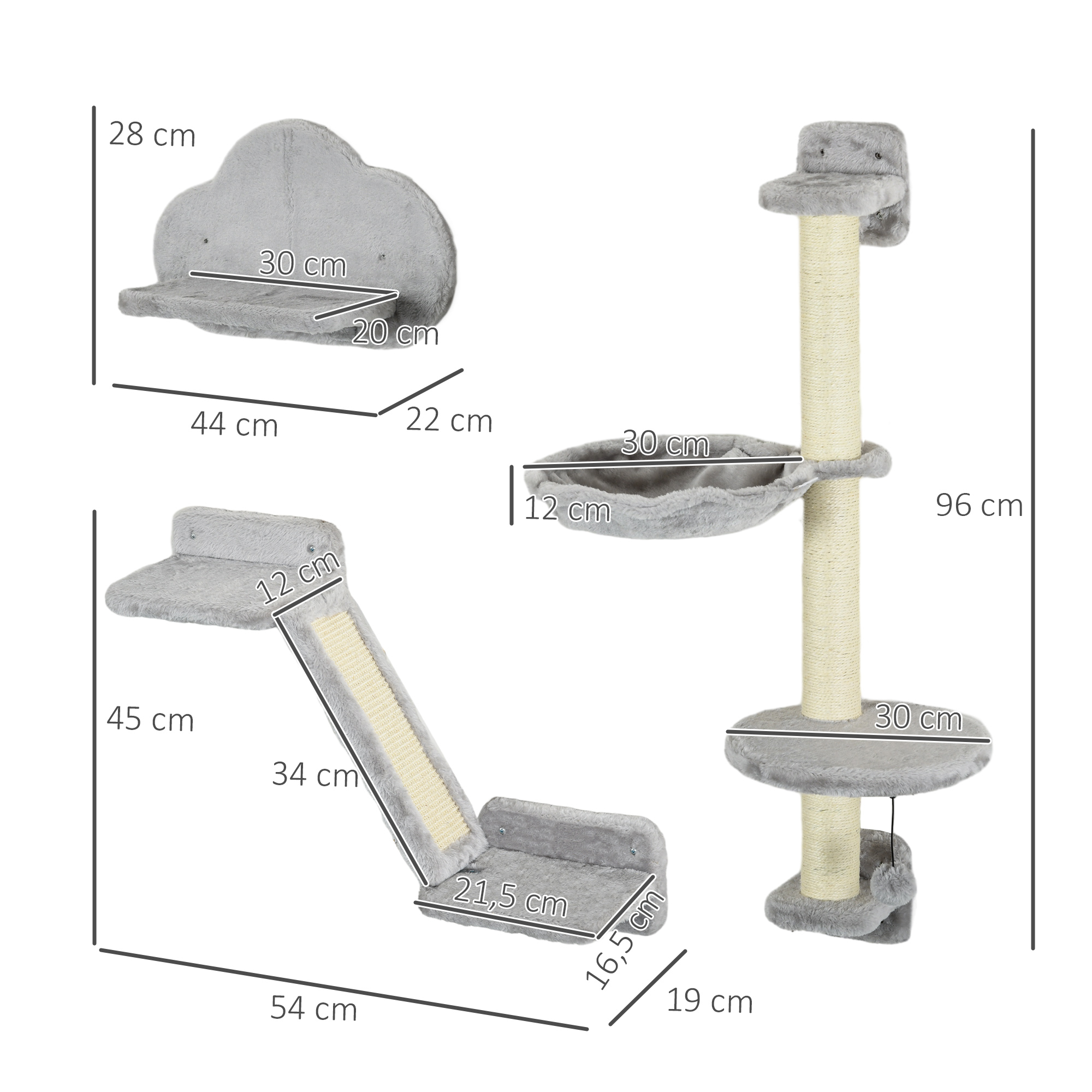 Árbol rascador gris para gatos con poste y plataformas, se muestran las medidas.