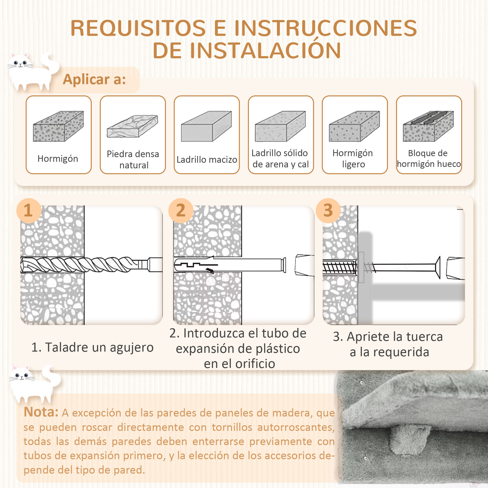 Instrucciones de instalación: taladrar, insertar taco, apretar tornillo.