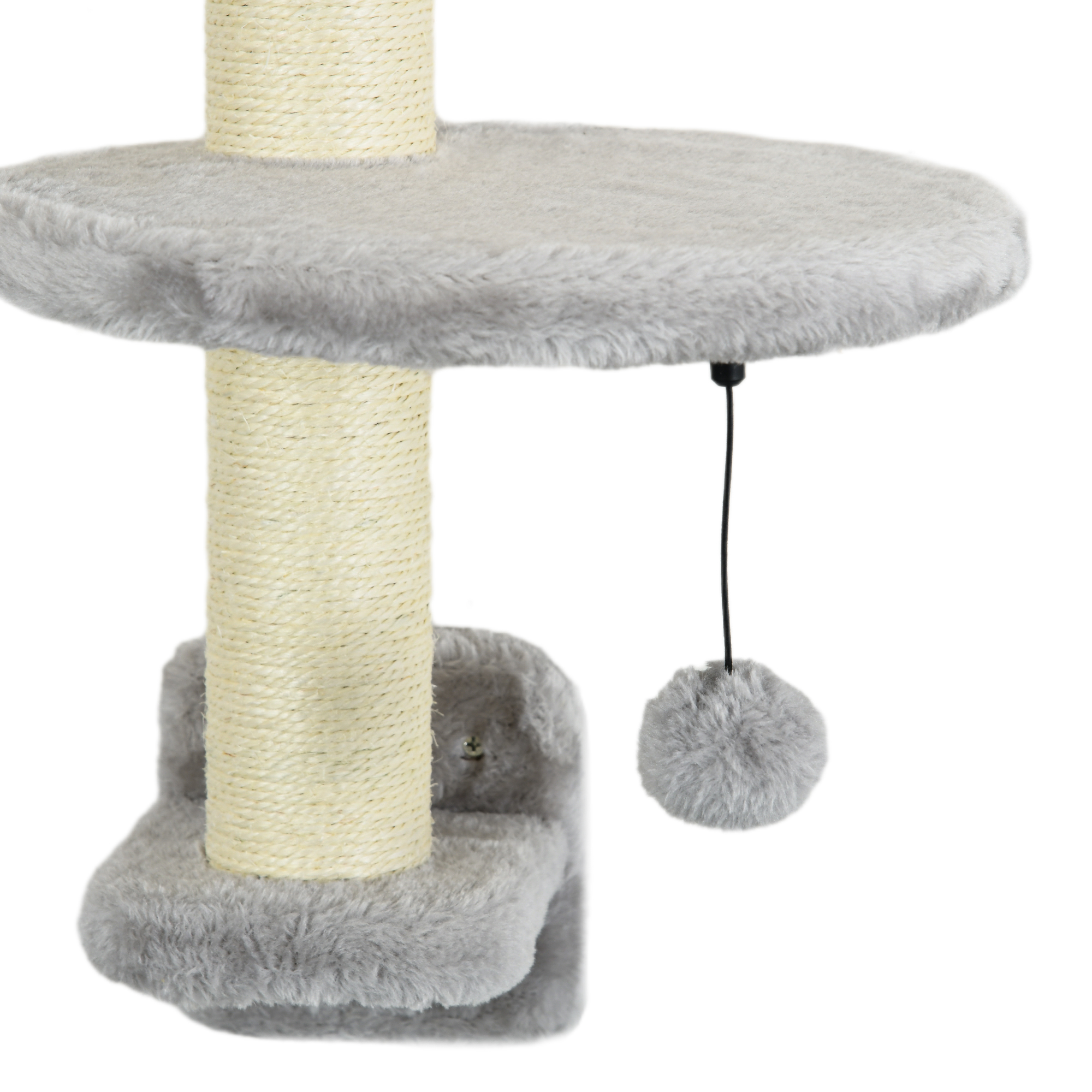 Árbol rascador gris con poste de sisal y bola de juguete.