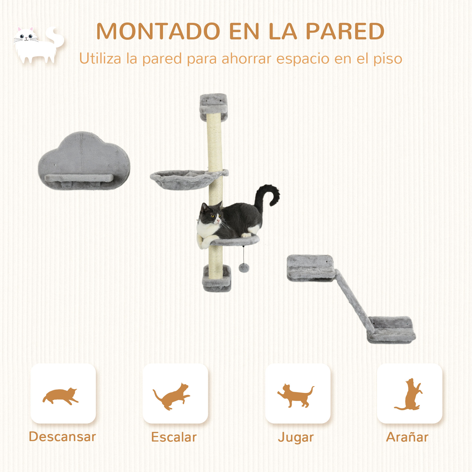 Elementos grises de rascador de pared con gato. Opciones: Descansar, Escalar, Jugar, Arañar.