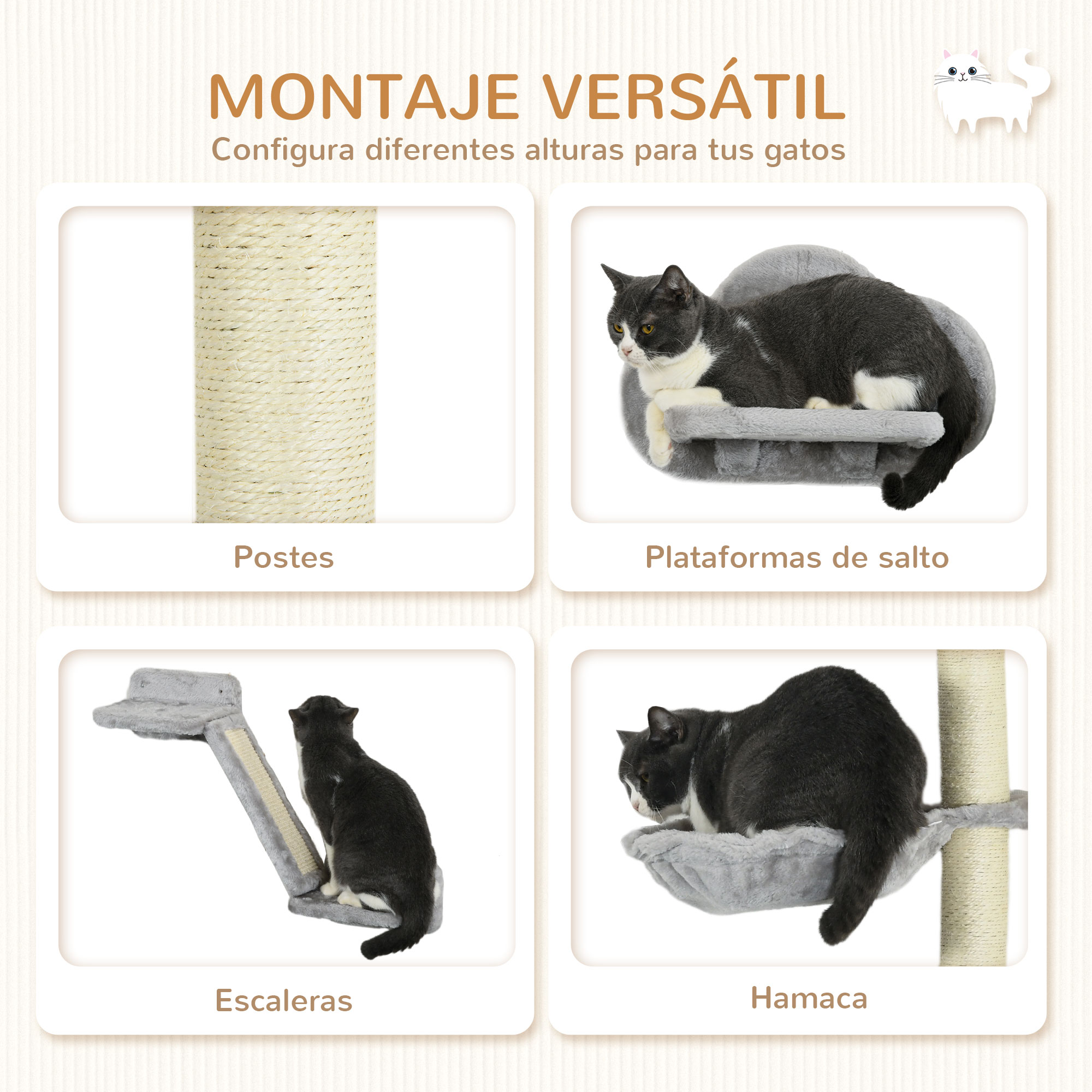 Árbol para gatos con postes, plataforma, escaleras y hamaca.