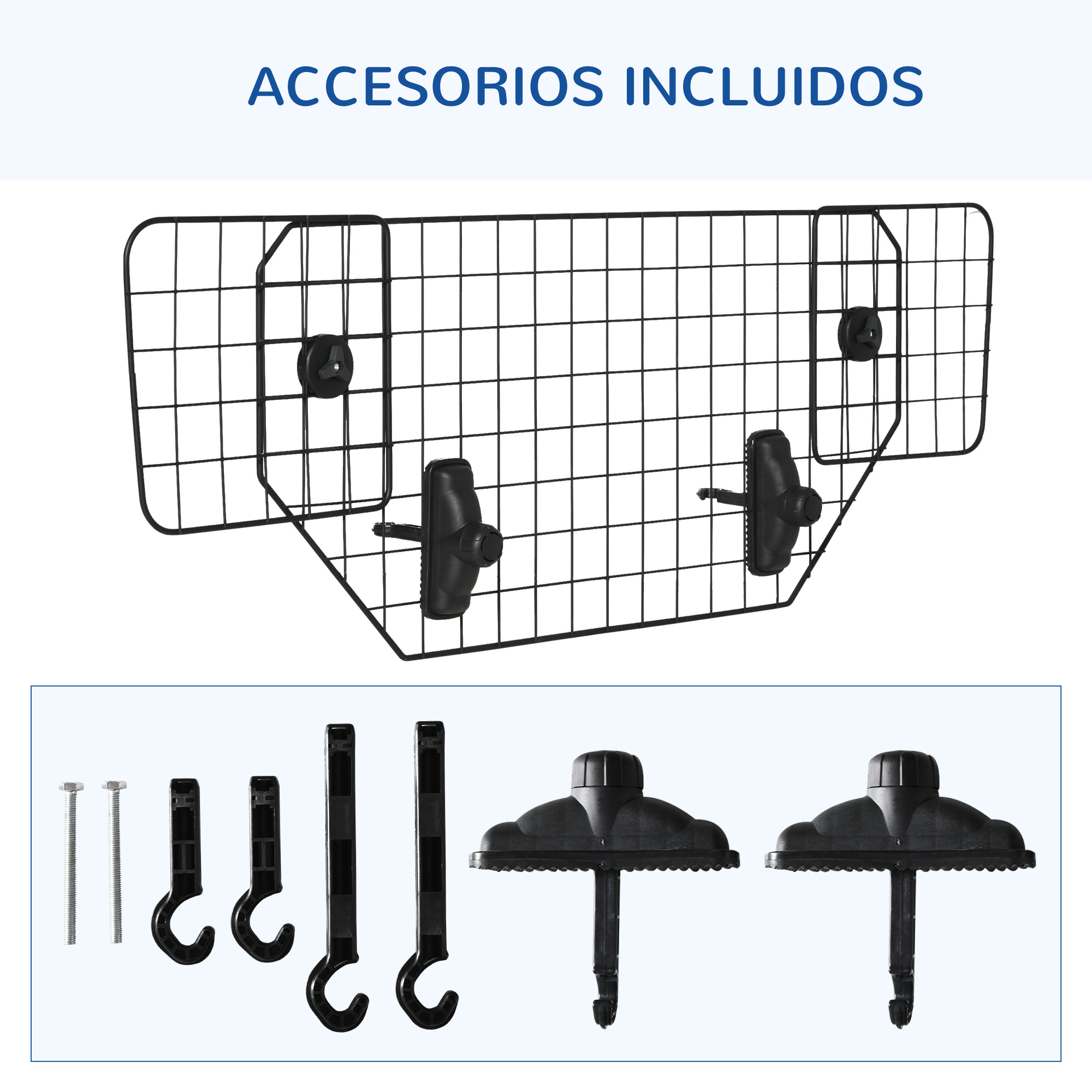 Una valla de rejilla de alambre negra con accesorios de montaje debajo.