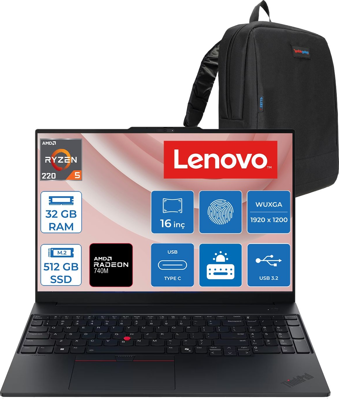 LENOVO Thinkpad E16 Gen3 WUXGA IPS 21ST0058TXF09 AMD Ryzen 5 220 32 GB RAM 512 GB SSD 16 inç FreeDOS Laptop+Çanta Siyah