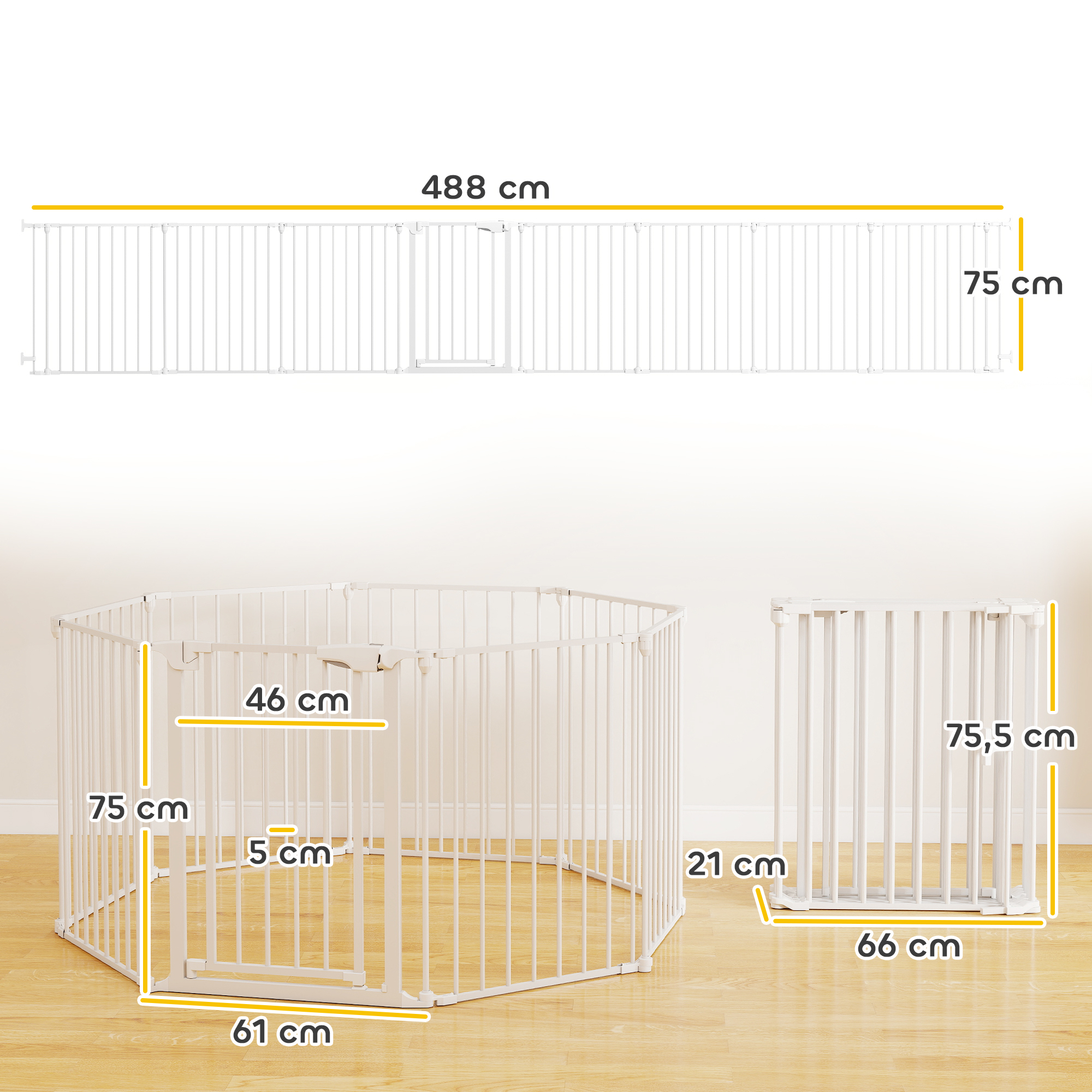 Barreras de seguridad blancas en varias configuraciones con dimensiones.