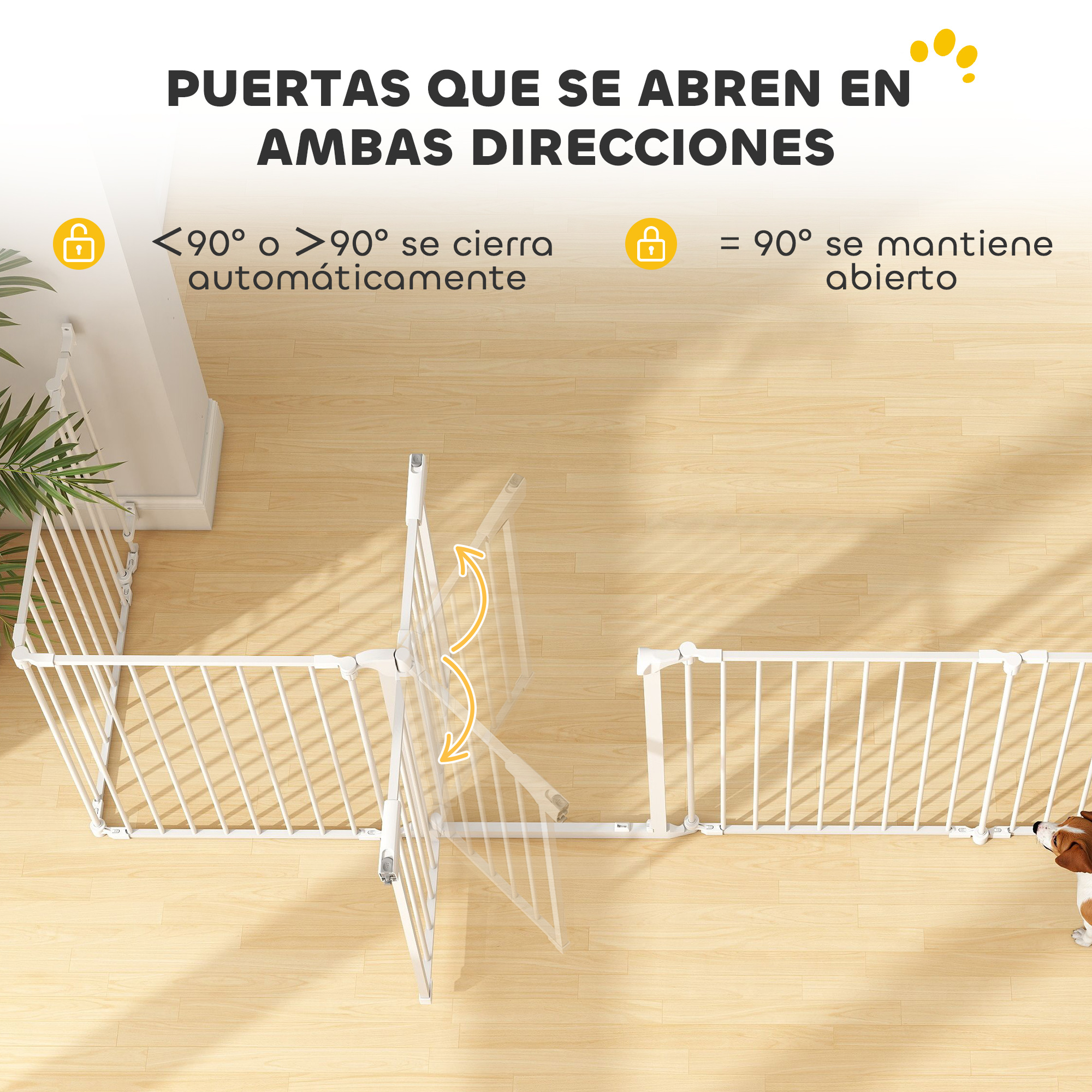 Una puerta blanca se cierra automáticamente a menos de 90 grados y se abre a 90 grados.