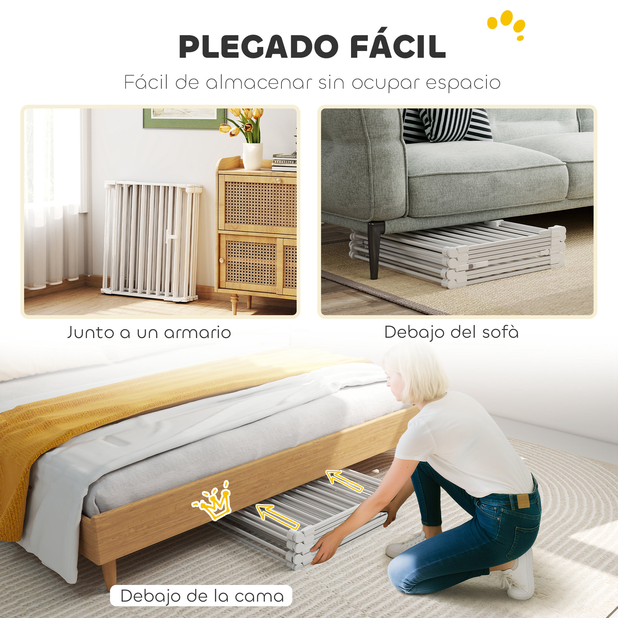 Una barrera plegable se muestra guardada junto a un armario, debajo de un sofá y debajo de una cama.