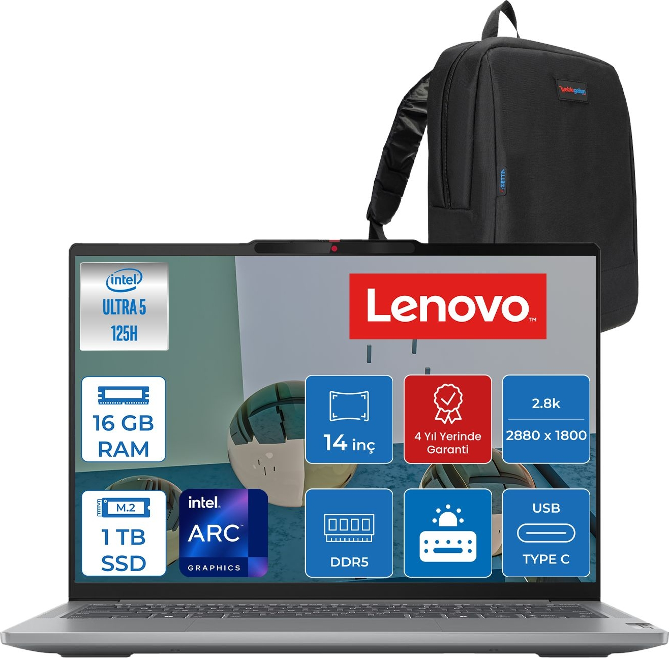 Intel Ultra 5, 16GB RAM, 1TB SSD, 14 inç, 2.8k özellikli gri Lenovo laptop. Siyah sırt çantası.
