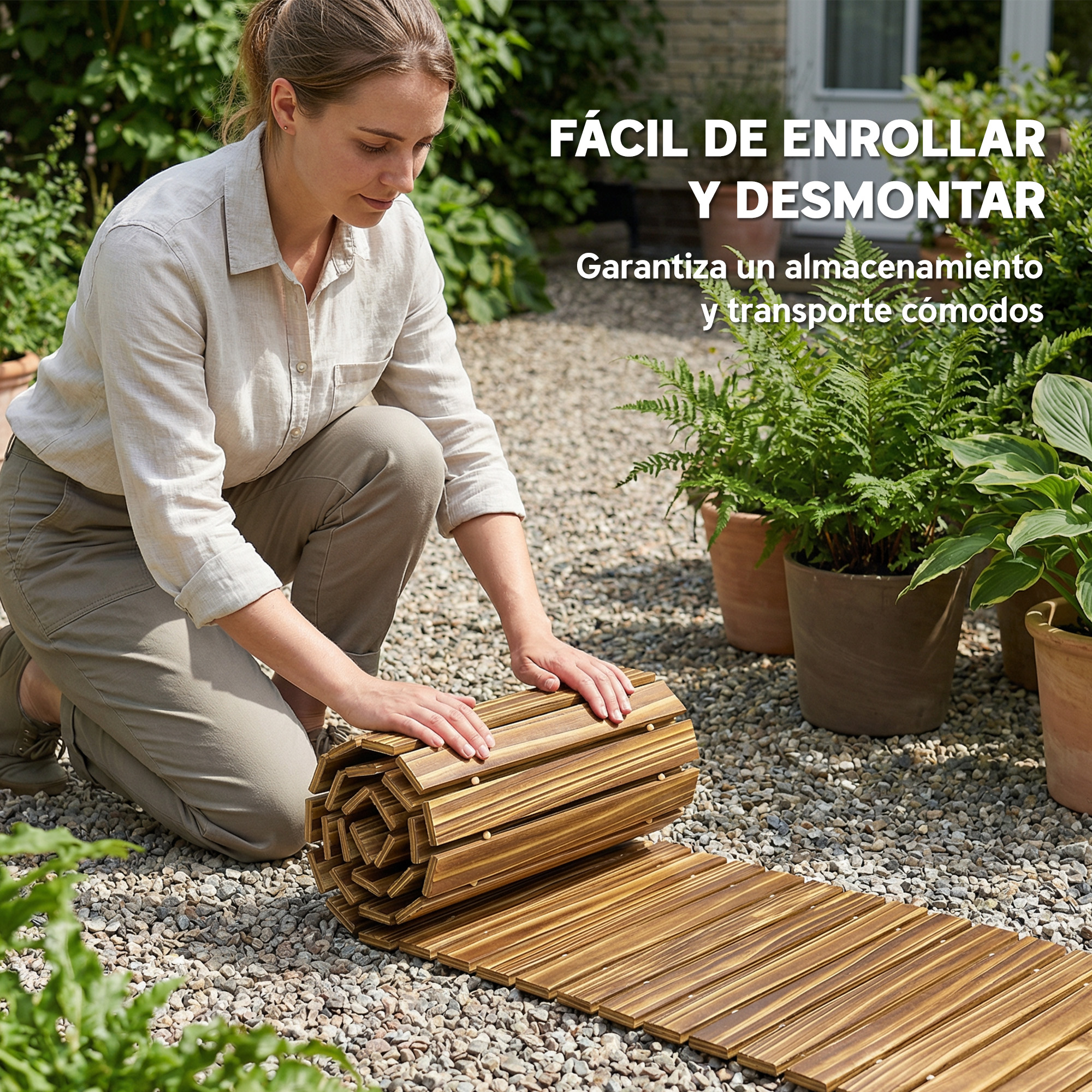 Una mujer desenrolla una alfombra de madera sobre grava, rodeada de plantas.