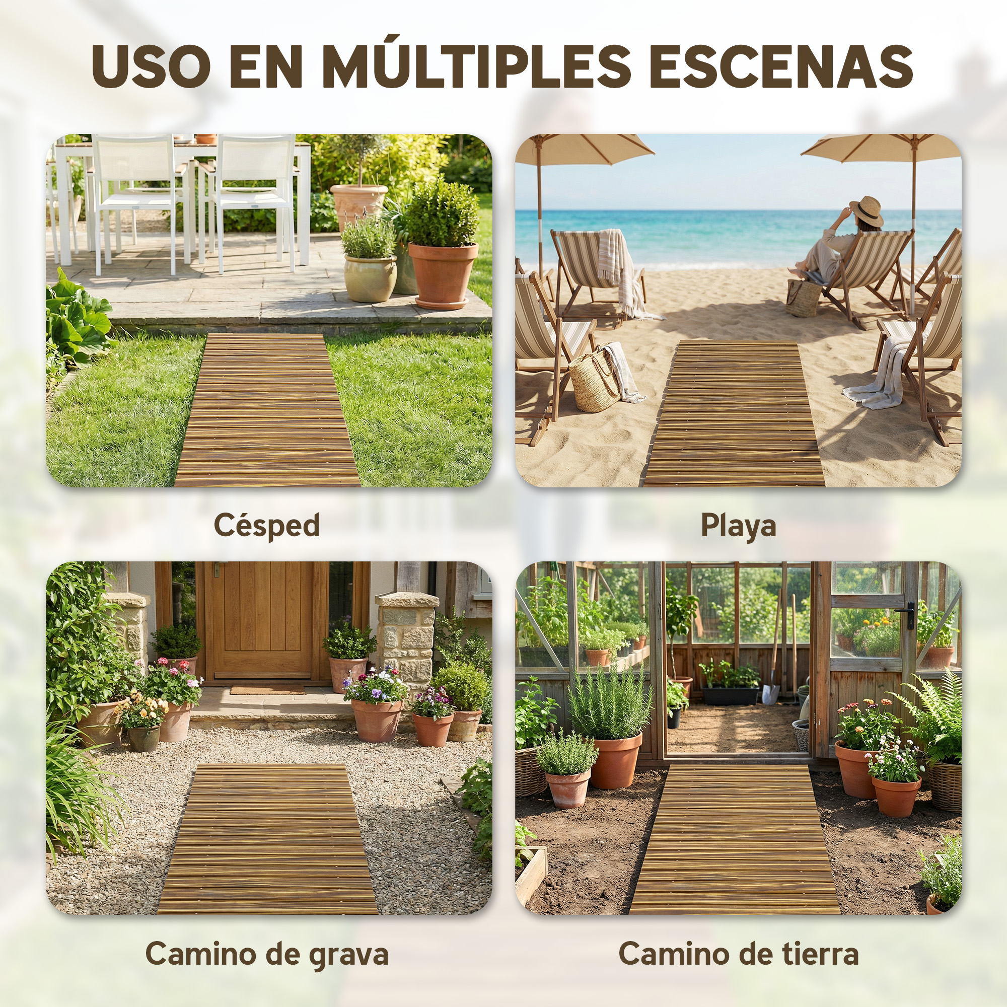 Cuatro escenas muestran caminos de madera sobre césped, playa, grava y tierra.