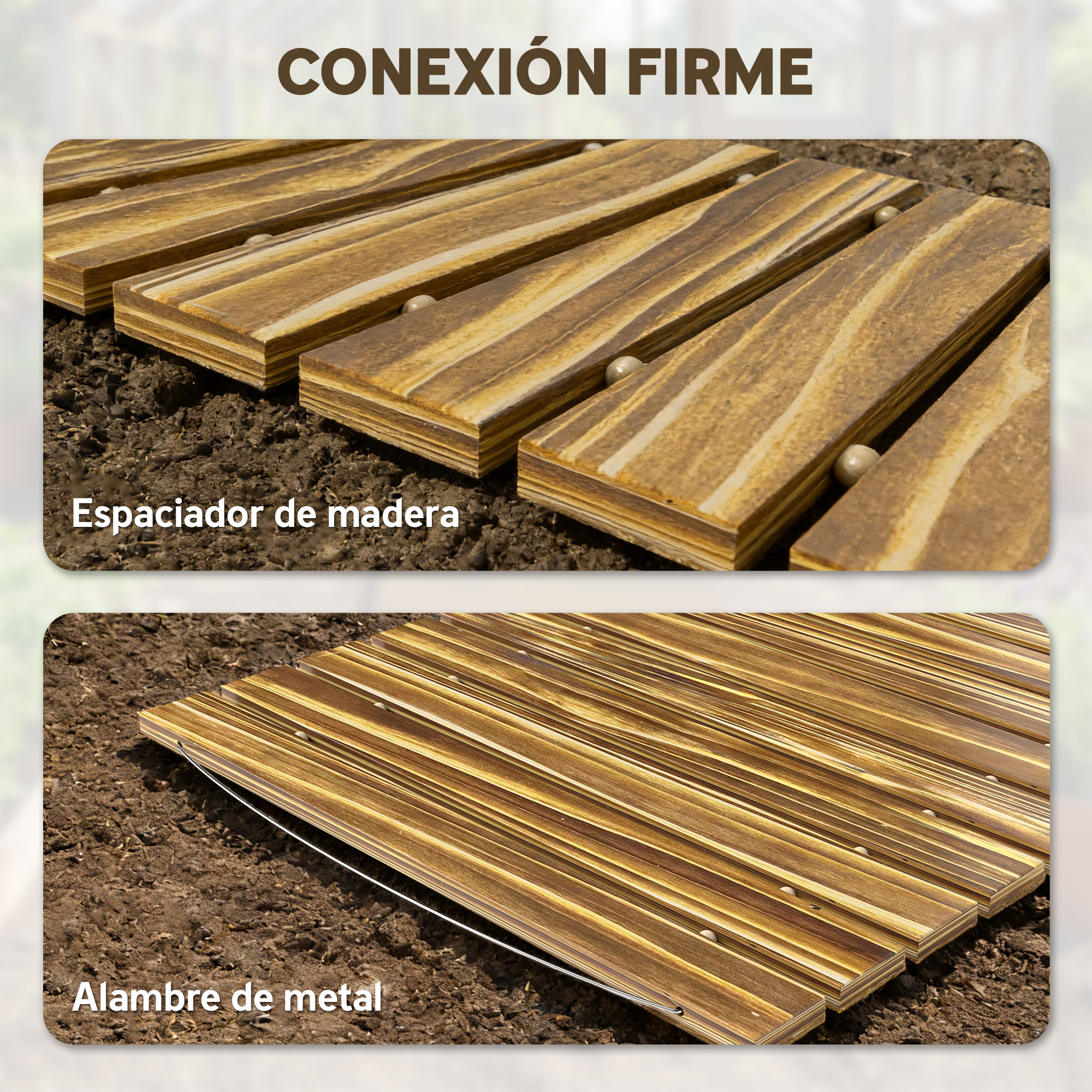 Conectores de madera con espaciadores de madera y alambre metálico.