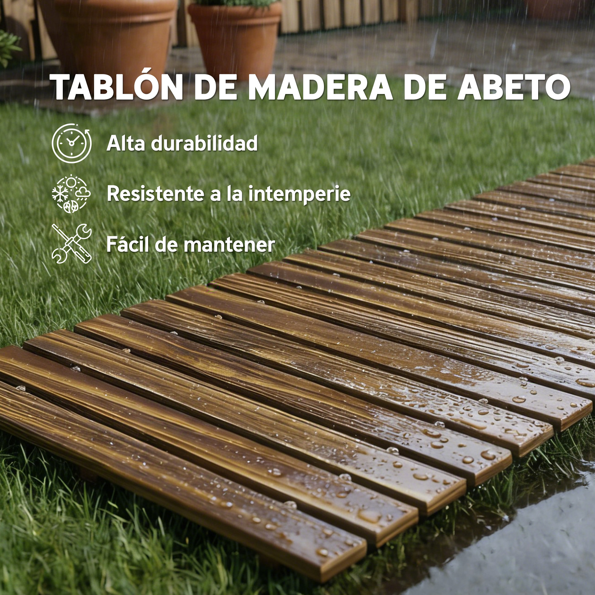 Pasarela de madera sobre césped bajo la lluvia, con macetas y herramientas.
