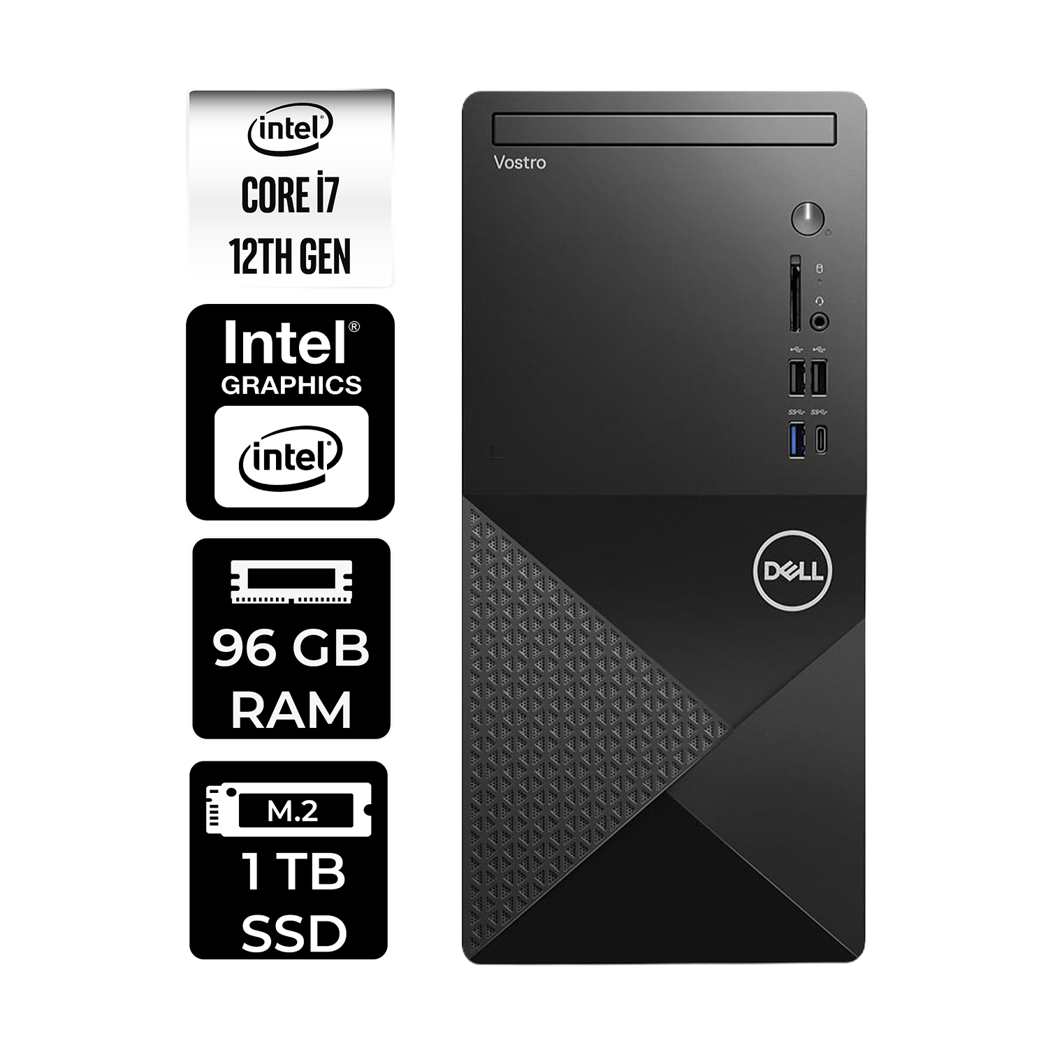 Intel Core i7 12. Nes, 96 GB RAM, 1 TB SSD'li siyah Dell Vostro masaüstü bilgisayar.