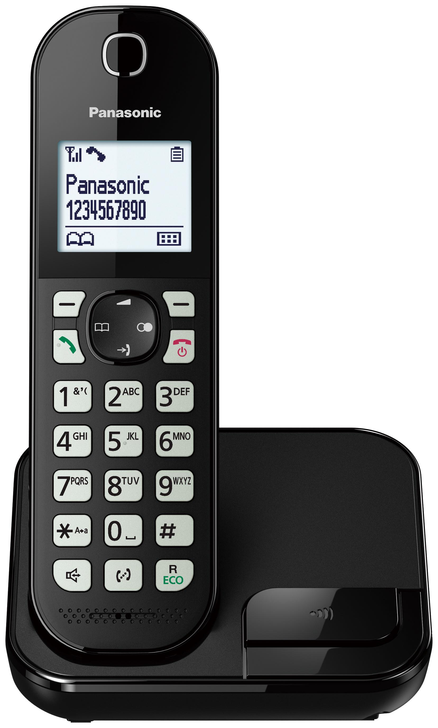 Téléphone sans fil Panasonic noir avec écran numérique et clavier numéroté sur sa base.
