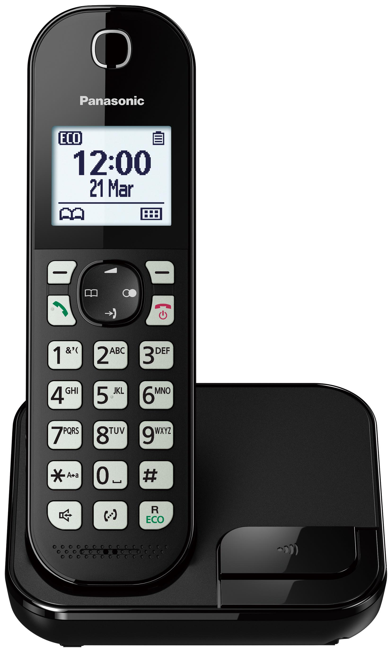 Téléphone sans fil Panasonic noir avec écran et clavier rétroéclairés, sur sa base.