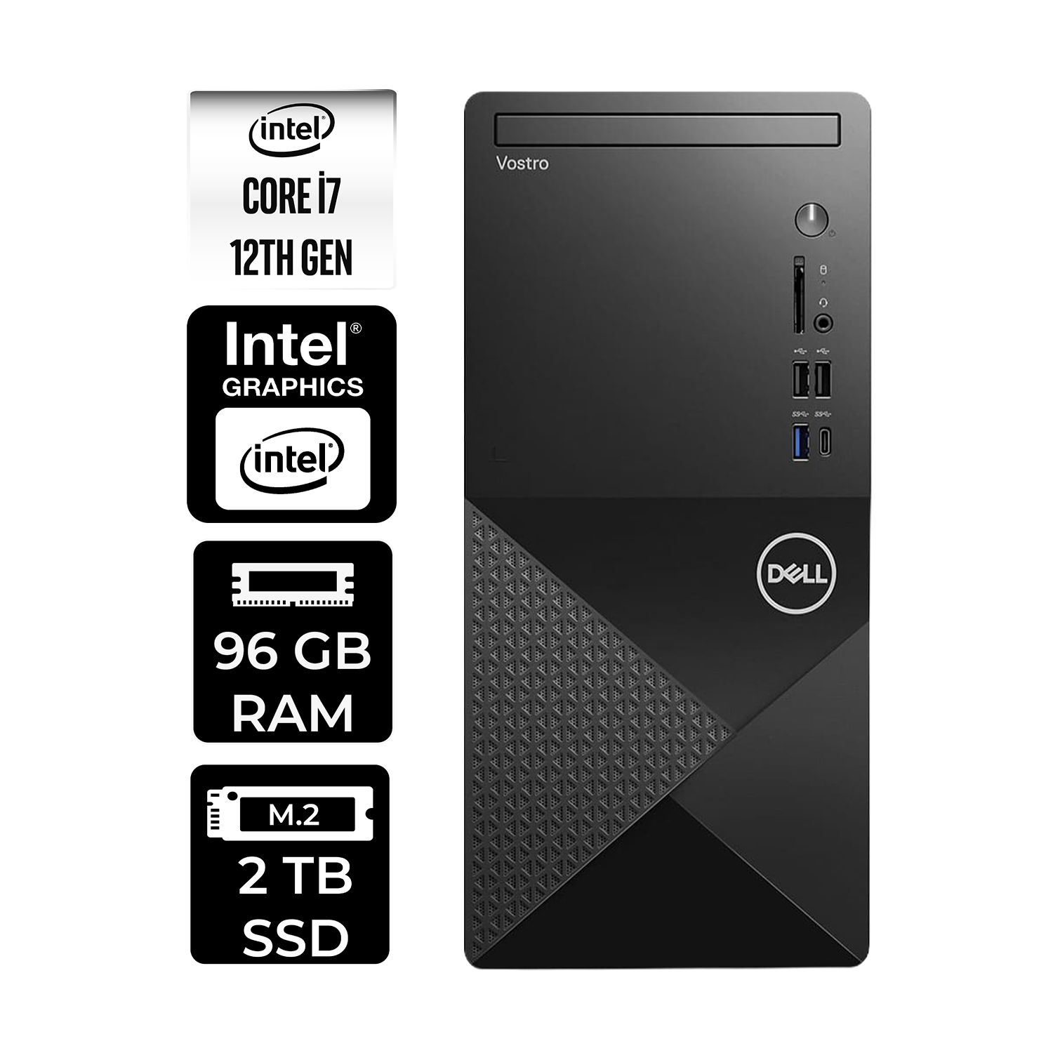 Intel Core i7, 96 GB RAM, 2 TB SSD'li siyah Dell Vostro masaüstü PC.