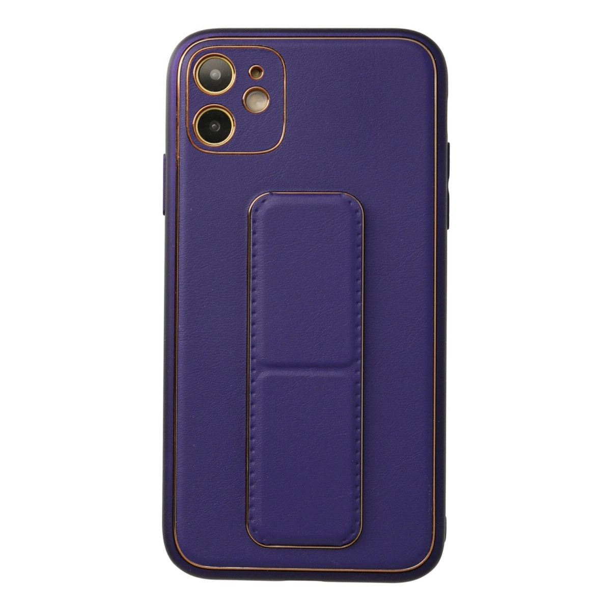 Çift kameralı ve entegre stantlı mor telefon kılıfı.