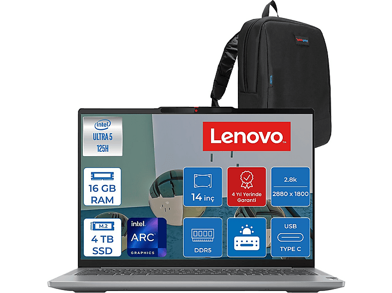 LENOVO Ideapad Pro 5 2.8k OLED 120Hz 83D2005ATRF04 Intel Core Ultra 5 125H 16 GB RAM 4 TB SSD 14 inç FreeDOS Laptop+Çanta Gri