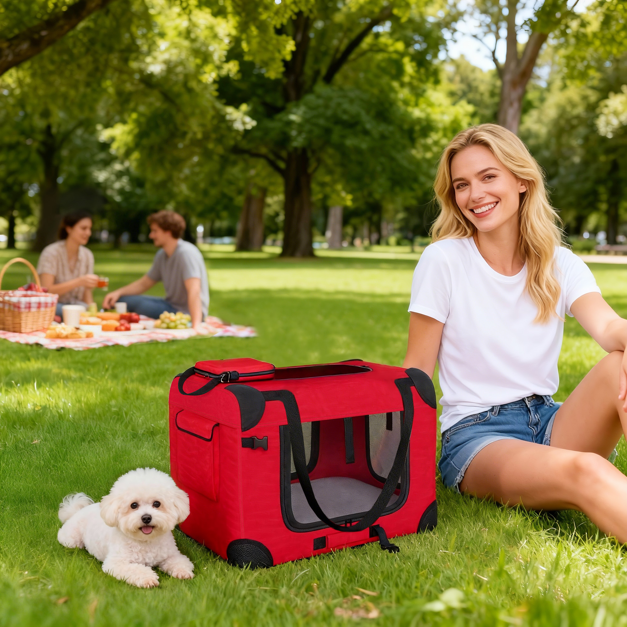Mujer con perro y transportín rojo en manta de picnic en parque.