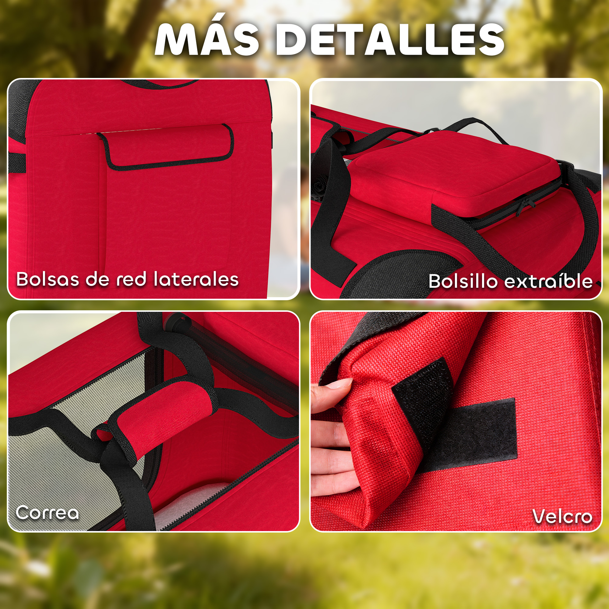 Bolsa roja con detalles: laterales de red, bolsillo extraíble, correa, velcro.