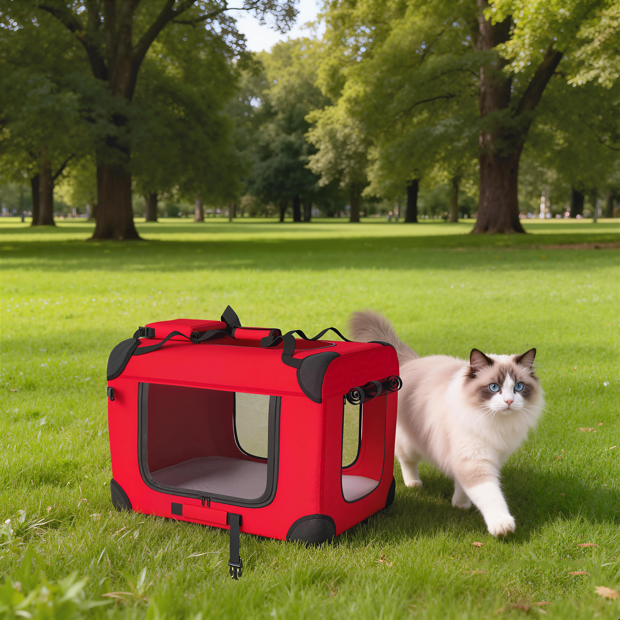 Un transportín rojo en la hierba con un gato de ojos azules al lado.