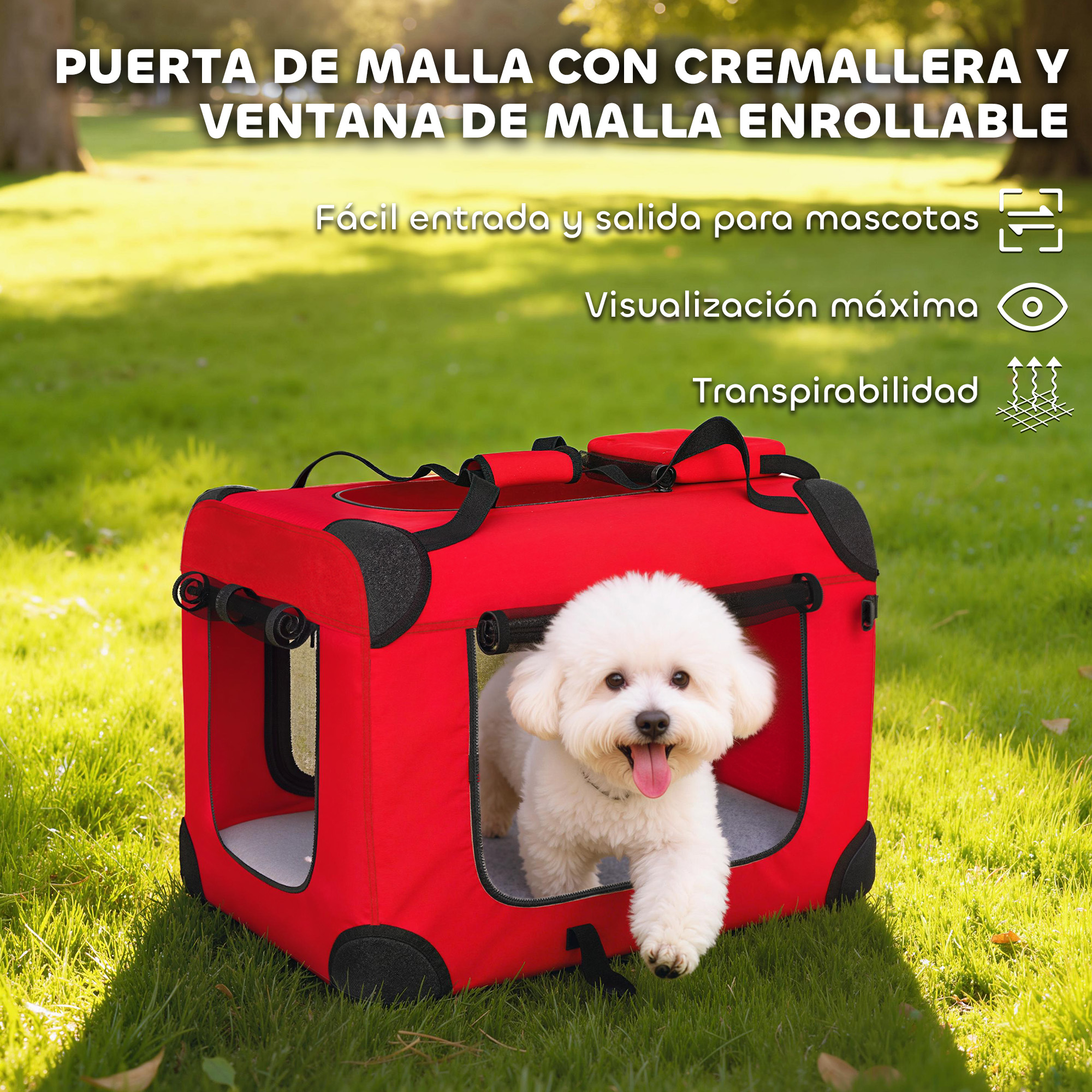 Un perro blanco sale de un transportín rojo sobre hierba verde.