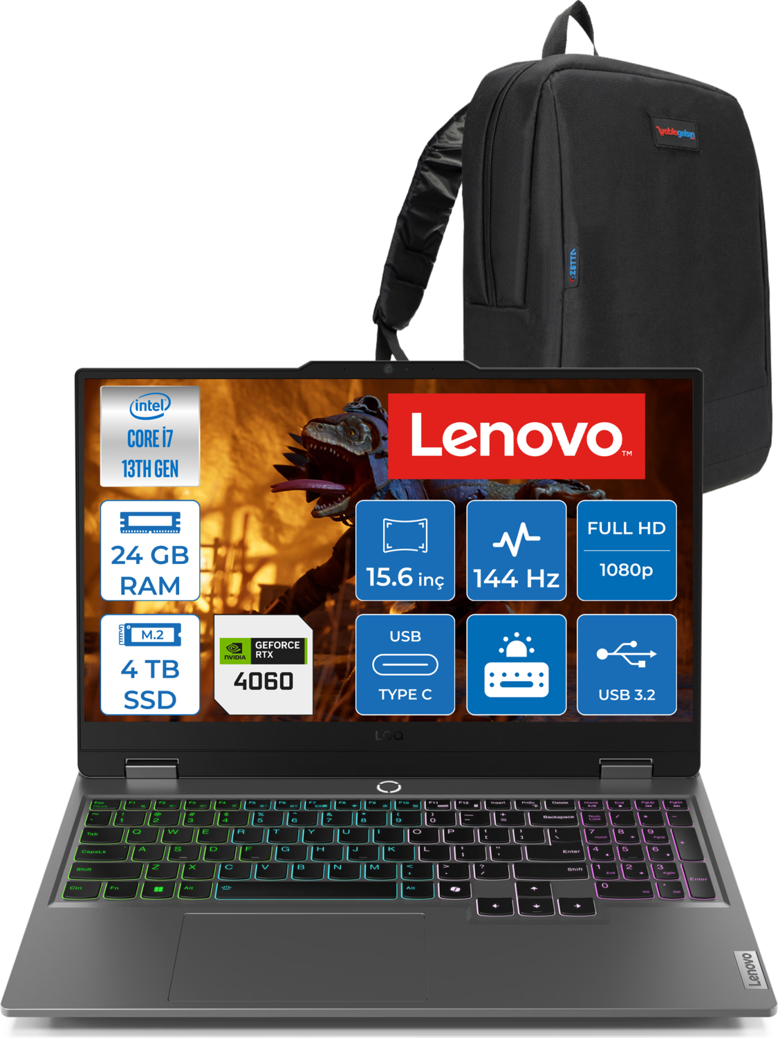 LENOVO LOQ 15IRX9  RTX4060 IPS 83DV011HTRF08 Intel Core i7-13650HX 24 GB RAM 4 TB SSD 15,6 inç FreeDOS Laptop+Çanta Gri