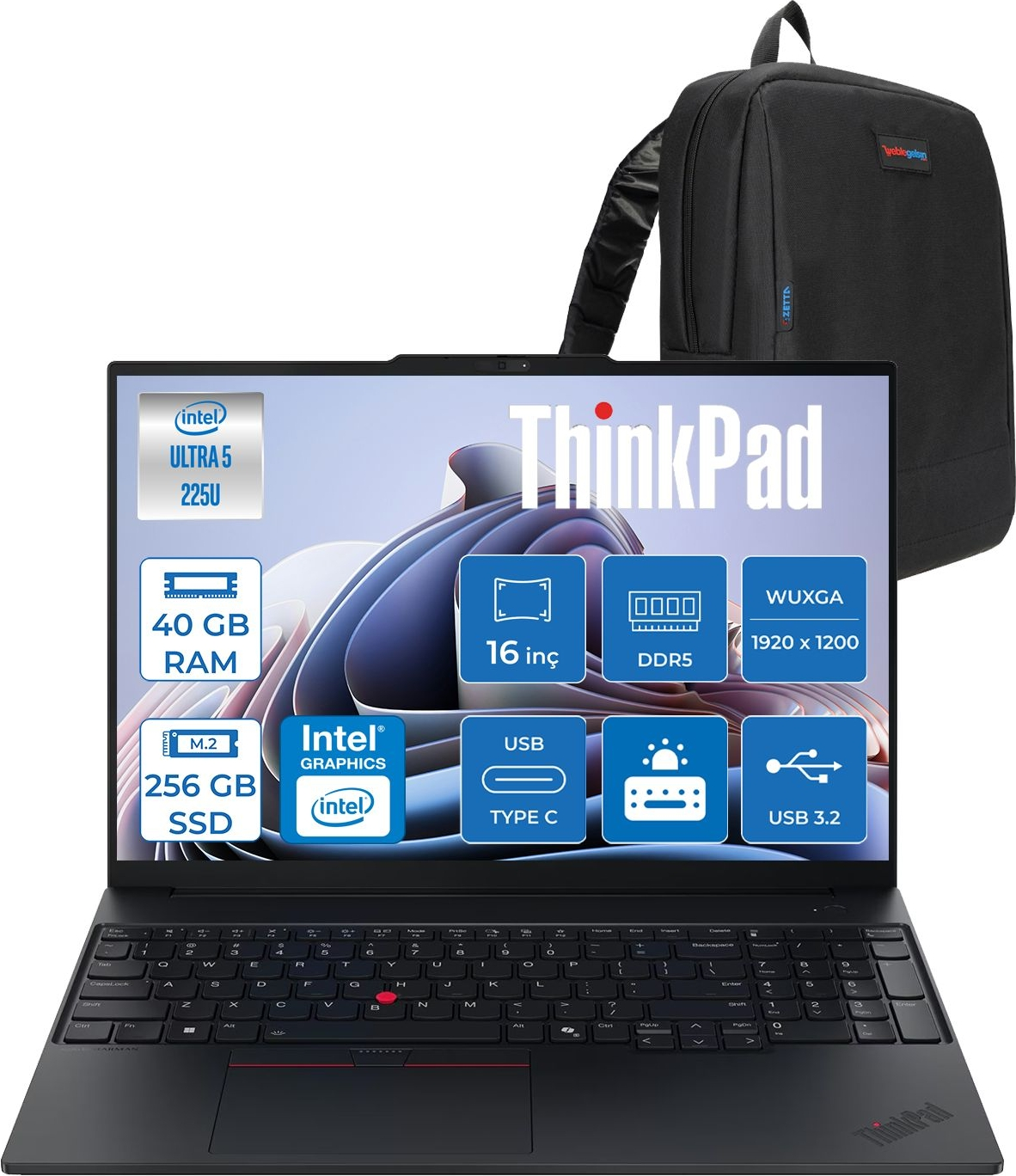 LENOVO Thinkpad E16 Gen3  WUXGA IPS 21SR006VTXF16 Intel Core Ultra 5 225U 40 GB RAM 256 GB SSD 16 inç FreeDOS Laptop+Çanta Siyah