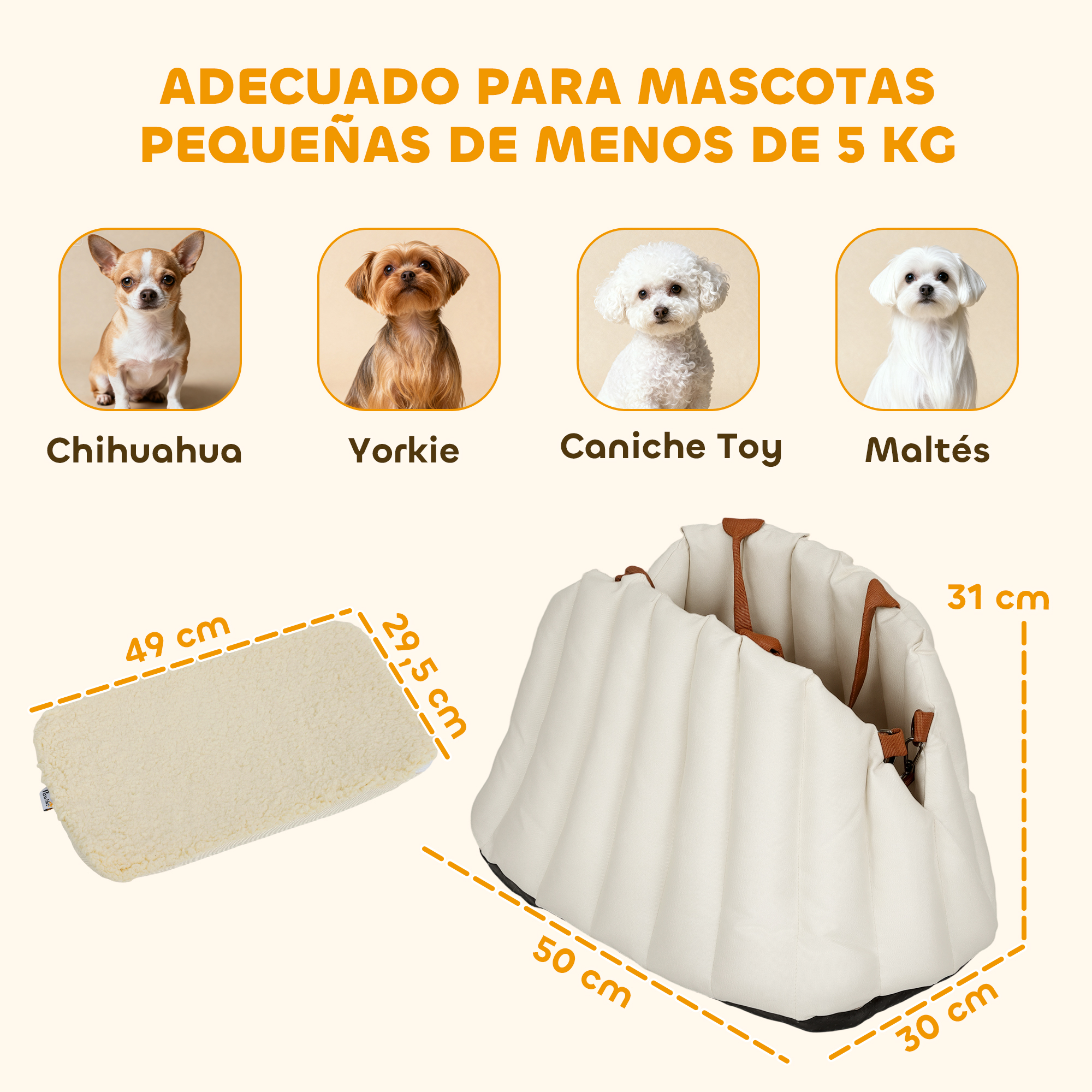 Cuatro perros pequeños y transportín con medidas. Chihuahua, Yorkie, Caniche Toy, Maltés.