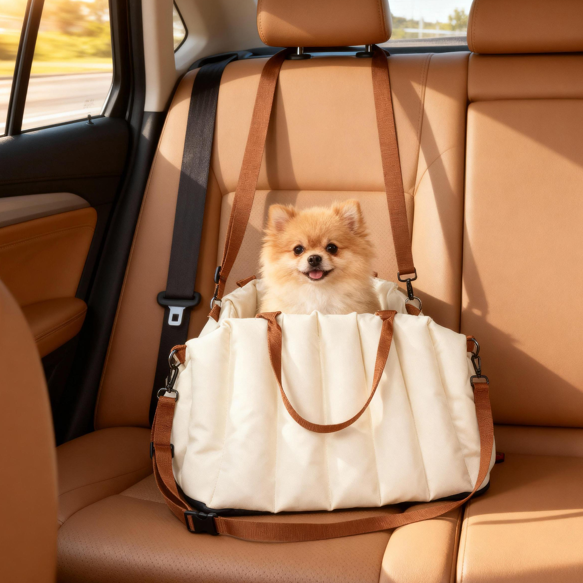 Un Pomerania se sienta en un bolso blanco sobre asientos de cuero marrón en un coche.