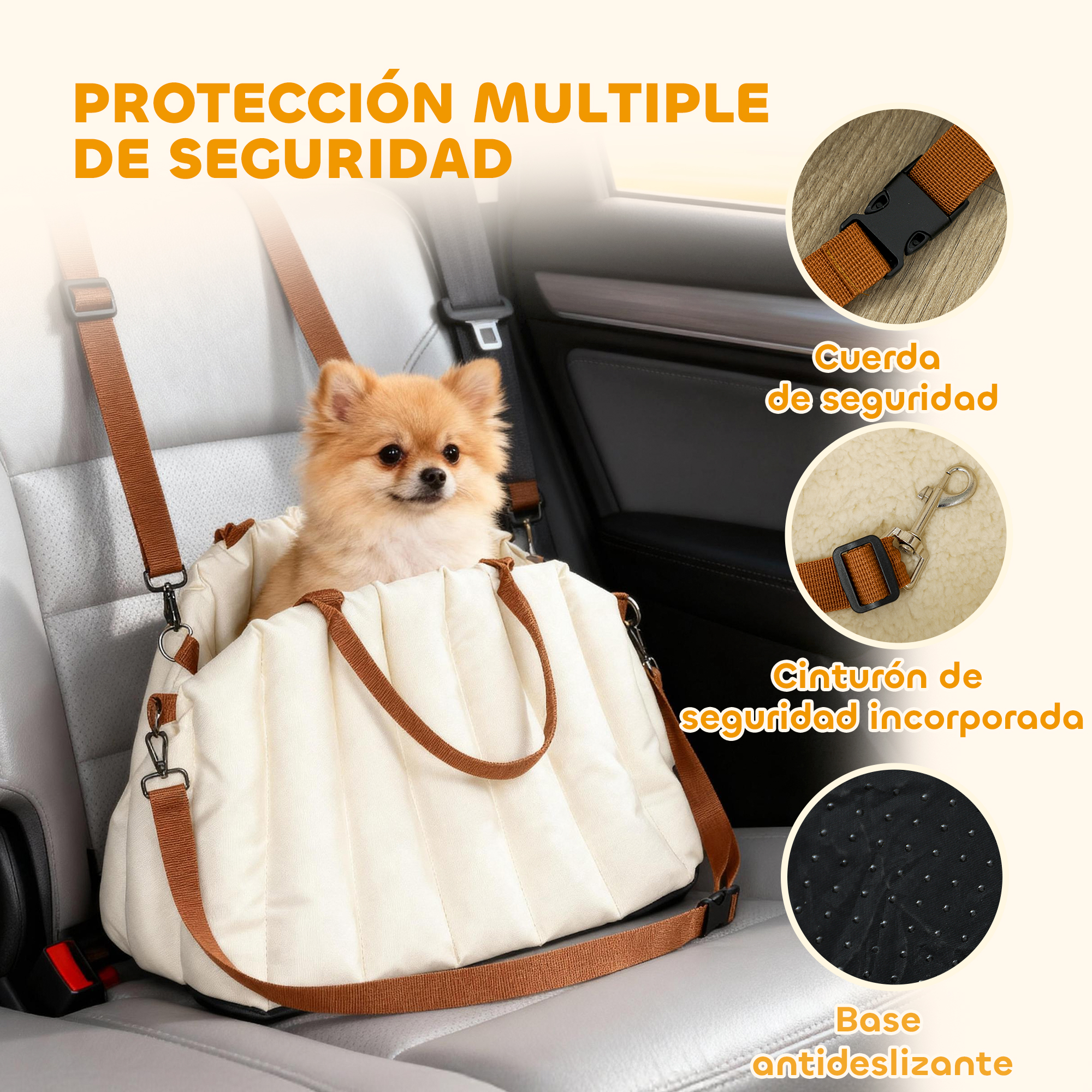 Un cachorro Pomerania se sienta en una bolsa de asiento de coche color crema con correas marrones.