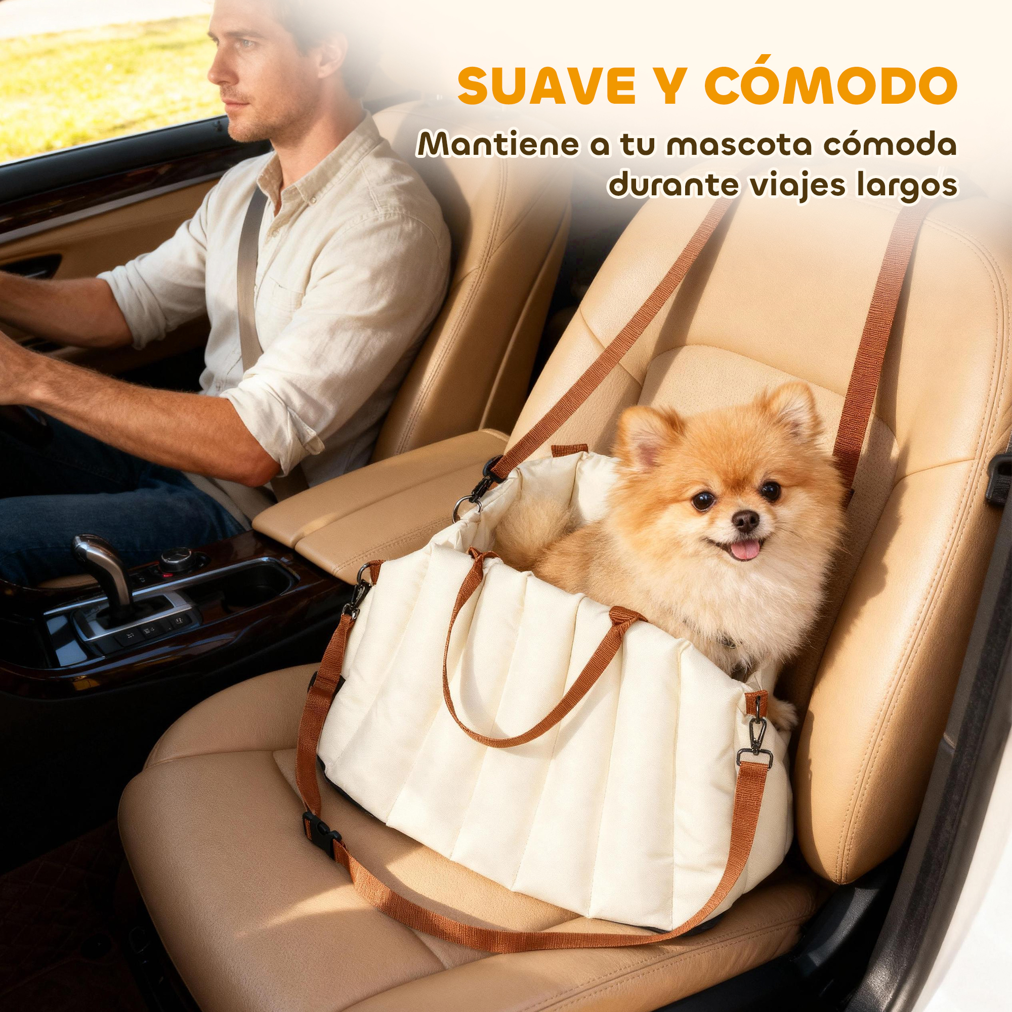 Un hombre conduce un coche, un perro pequeño en un transportín en el asiento del copiloto.