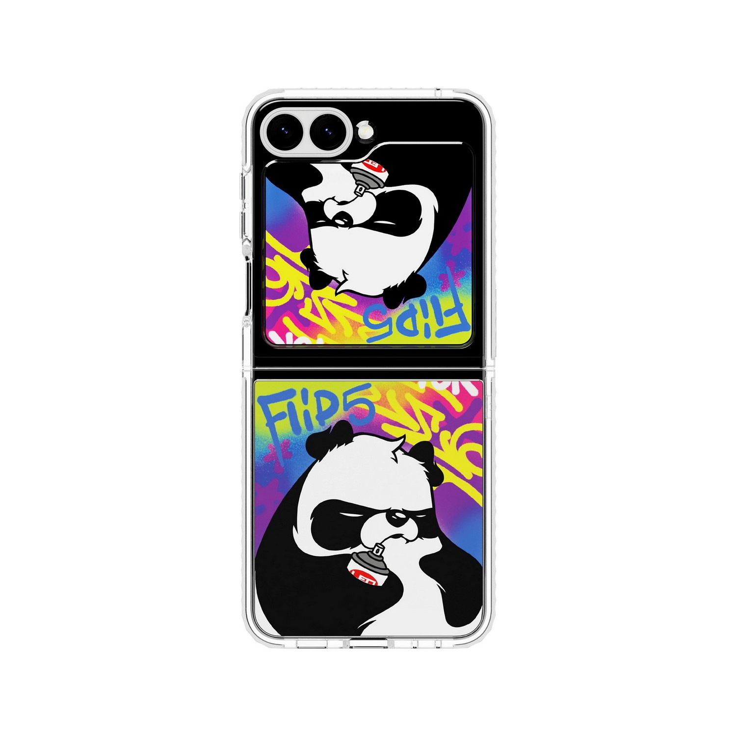 Güneş gözlüklü bir panda telefon kılıfına grafiti yapıyor.