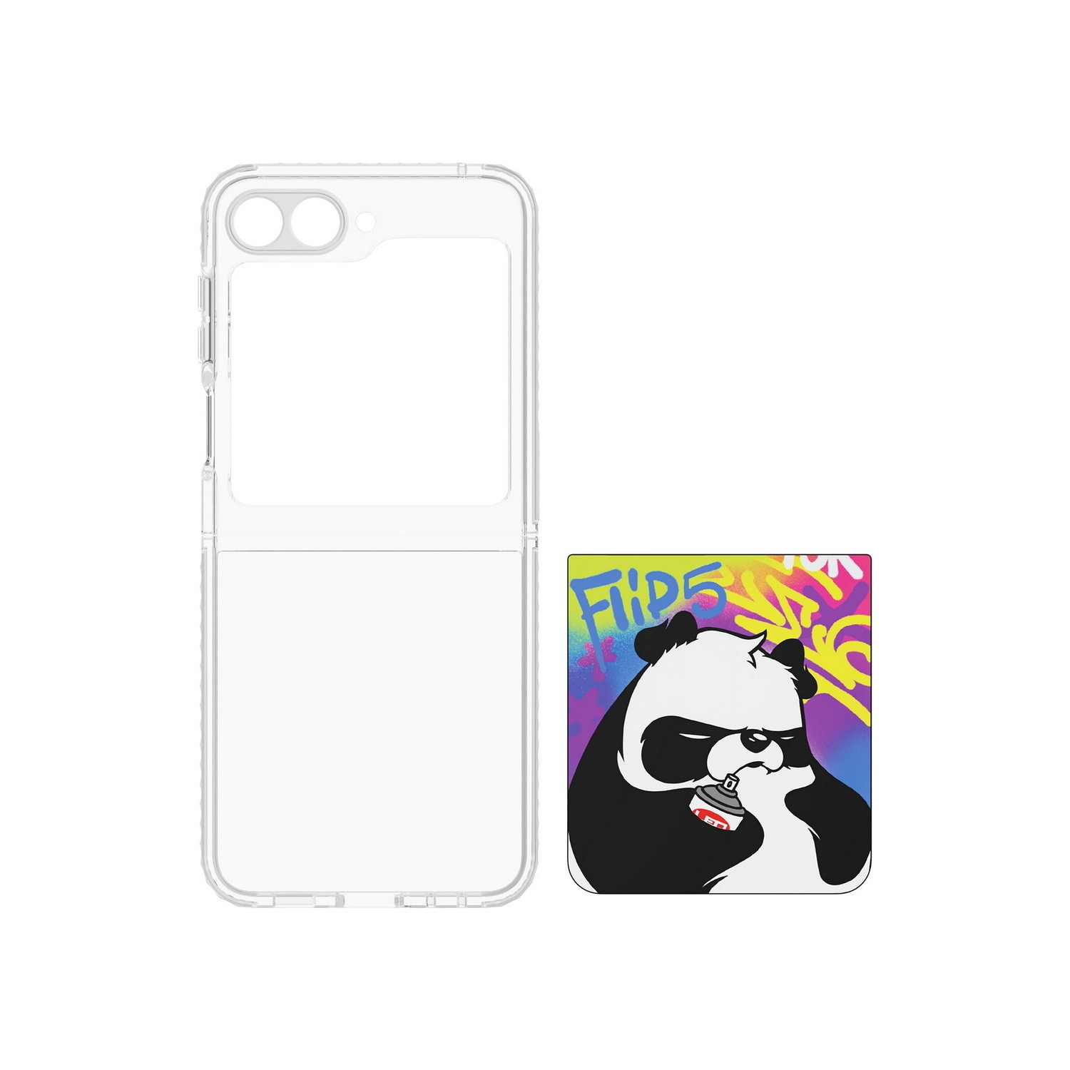Graffiti'li panda çıkartmasının yanında şeffaf telefon kılıfı.