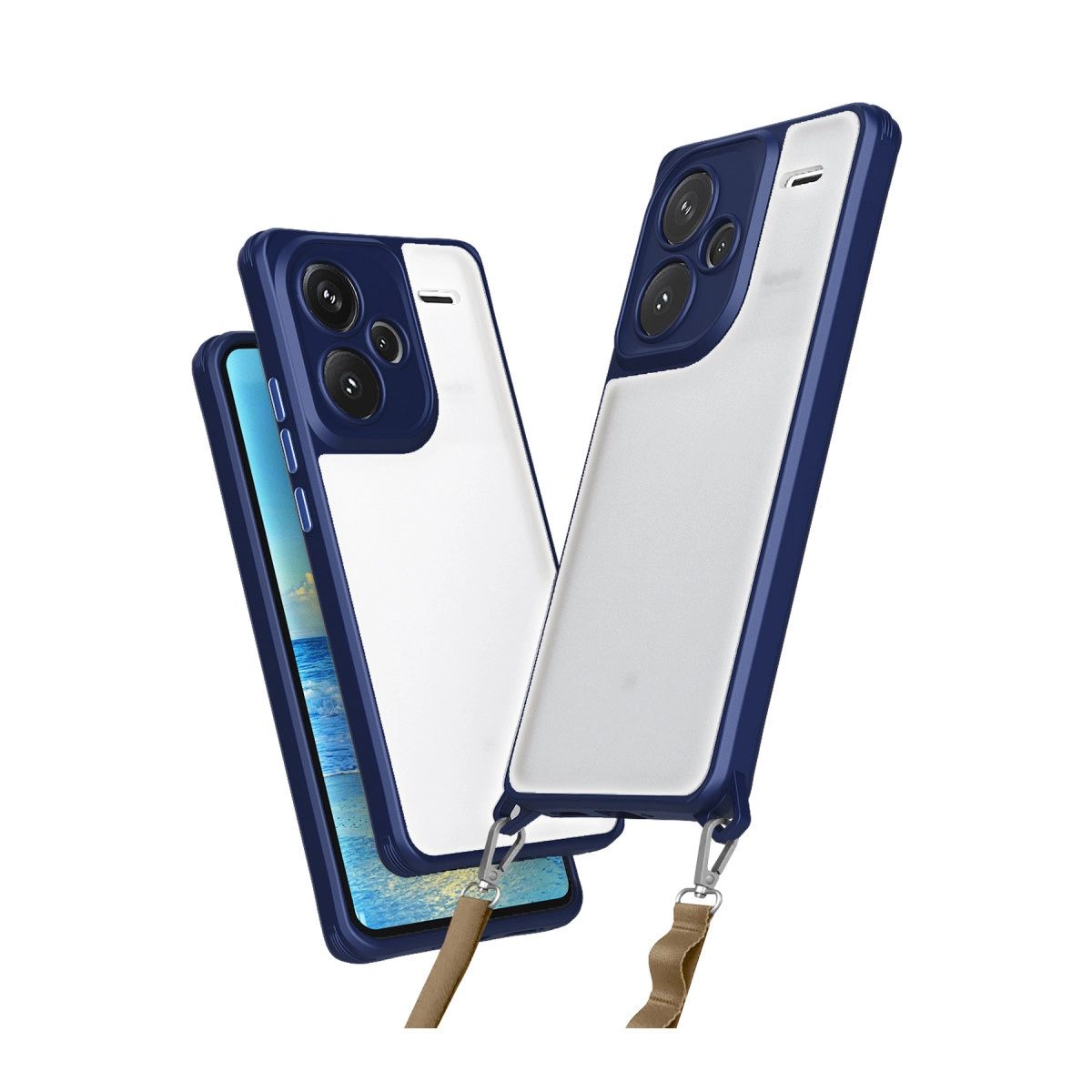 Beyaz arka ve kamera modülüne sahip iki lacivert telefon kılıfı.