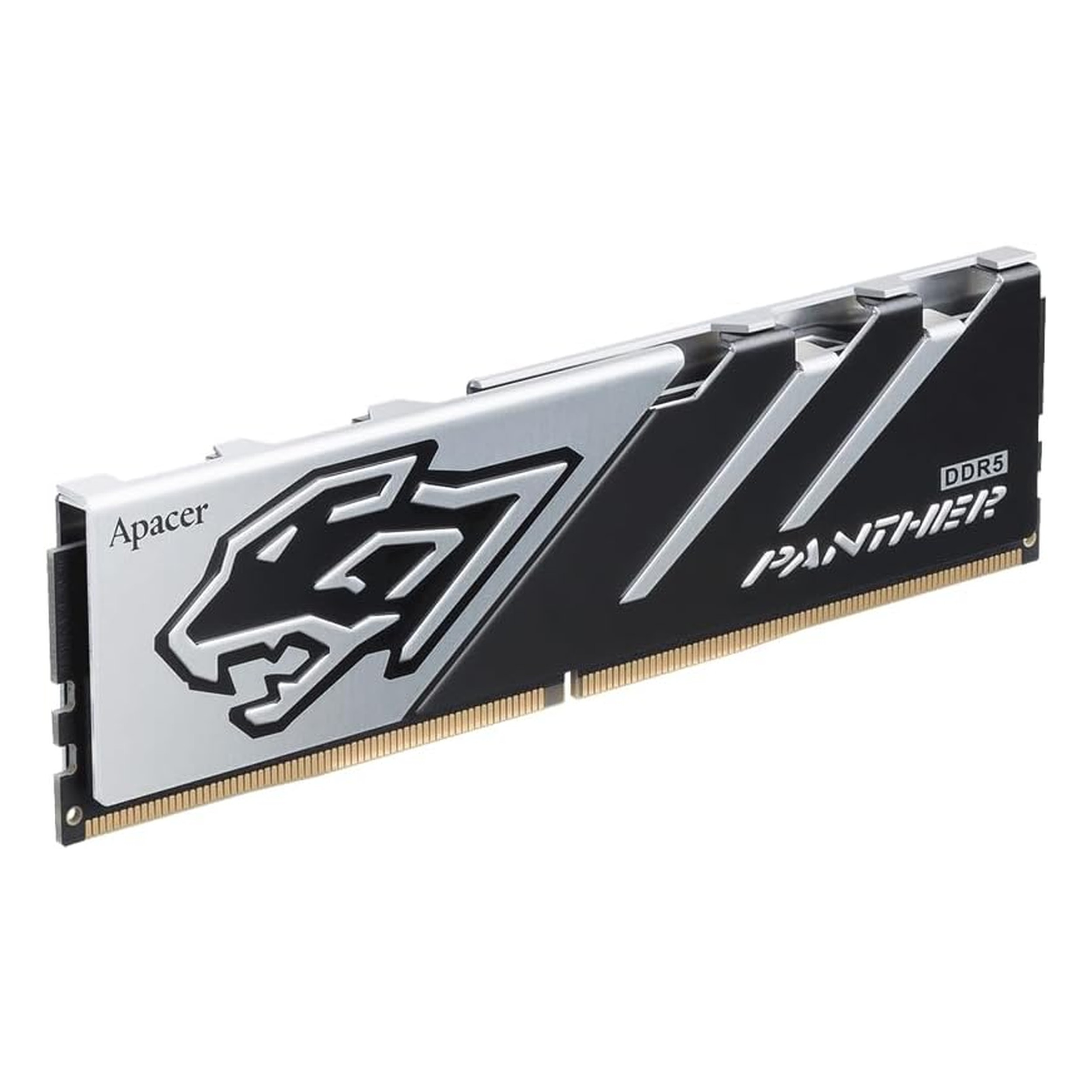Gümüş soğutuculu ve panter logolu siyah DDR5 RAM modülü.