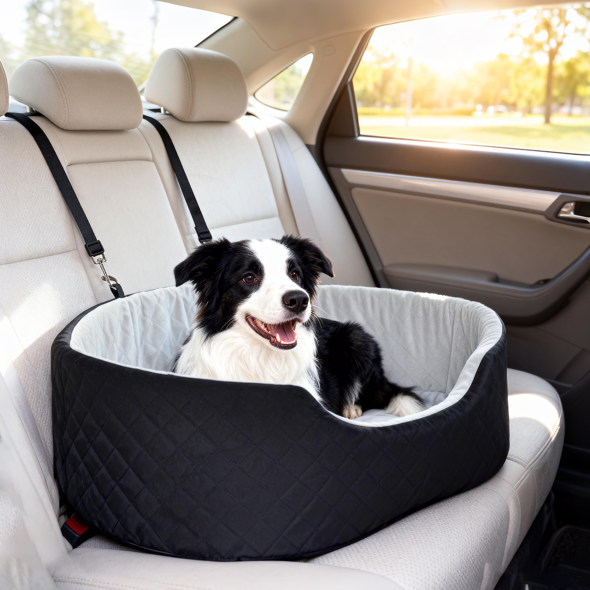 Un border collie se sienta en un asiento de coche negro para perros.