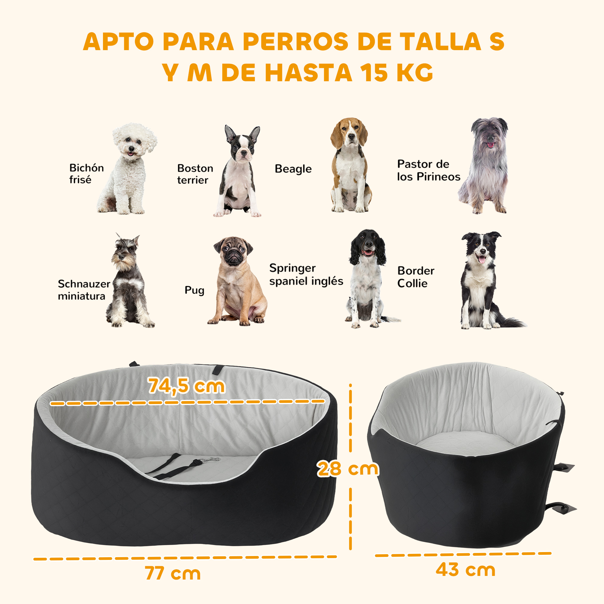 Ocho razas de perros y dos camas para perros con dimensiones.