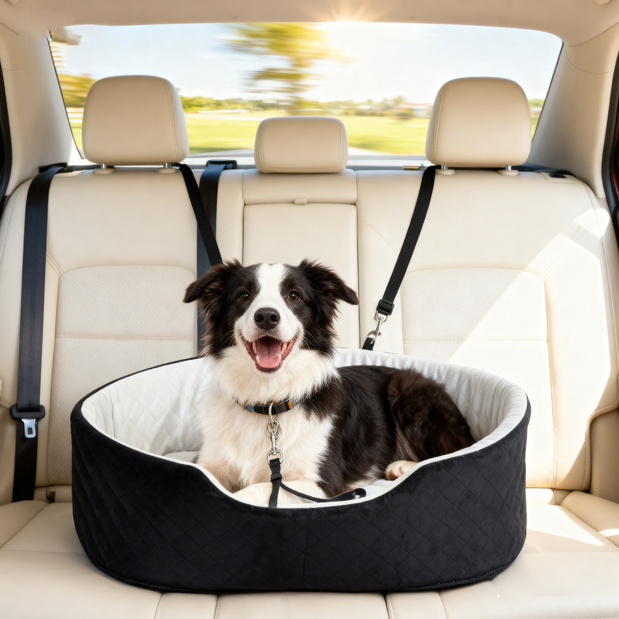 Un Border Collie se sienta en un asiento de coche para mascotas en el asiento trasero.