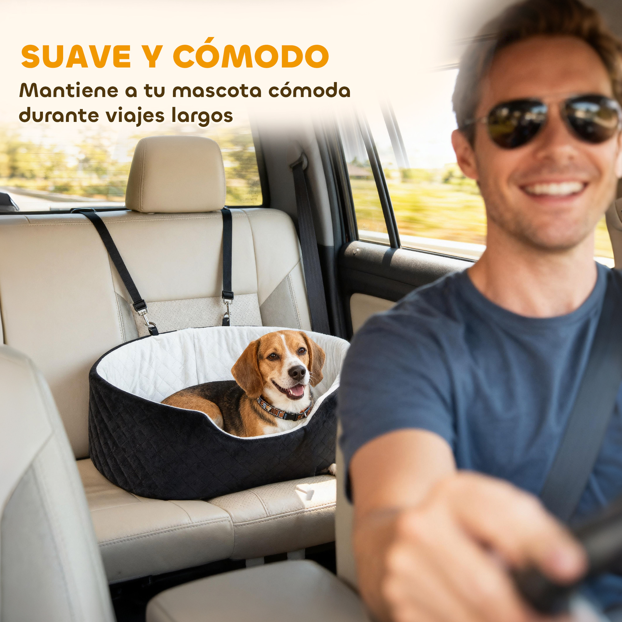 Un perro se sienta en un asiento de coche, un hombre conduce.