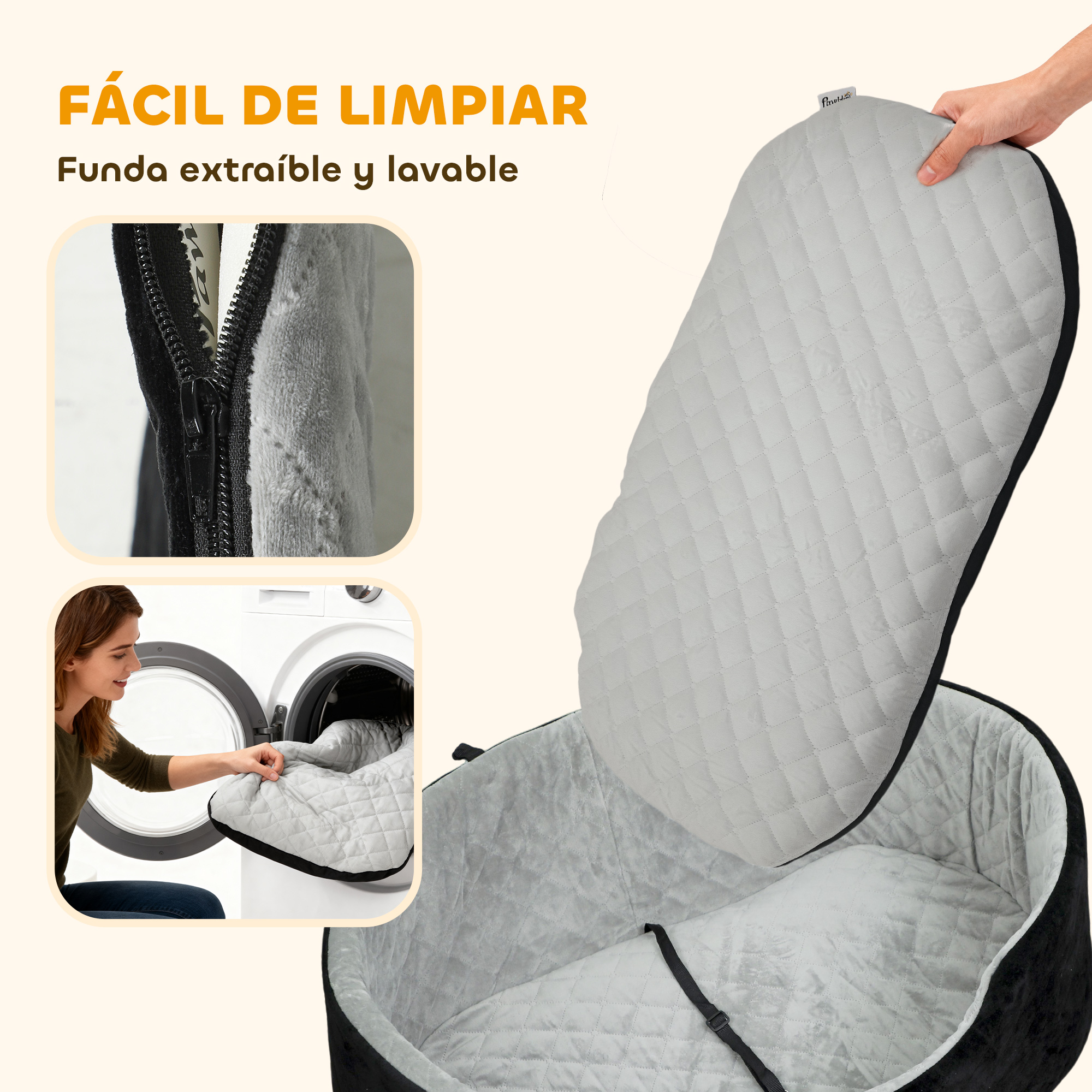 Una cama gris acolchada para perros con funda extraíble y cremallera.