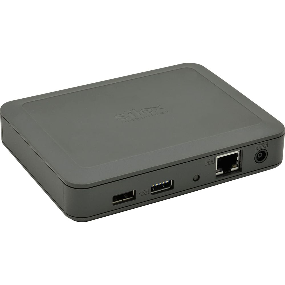 Dispositivo Silex Technology grigio con porte USB, Ethernet e ingresso di alimentazione.