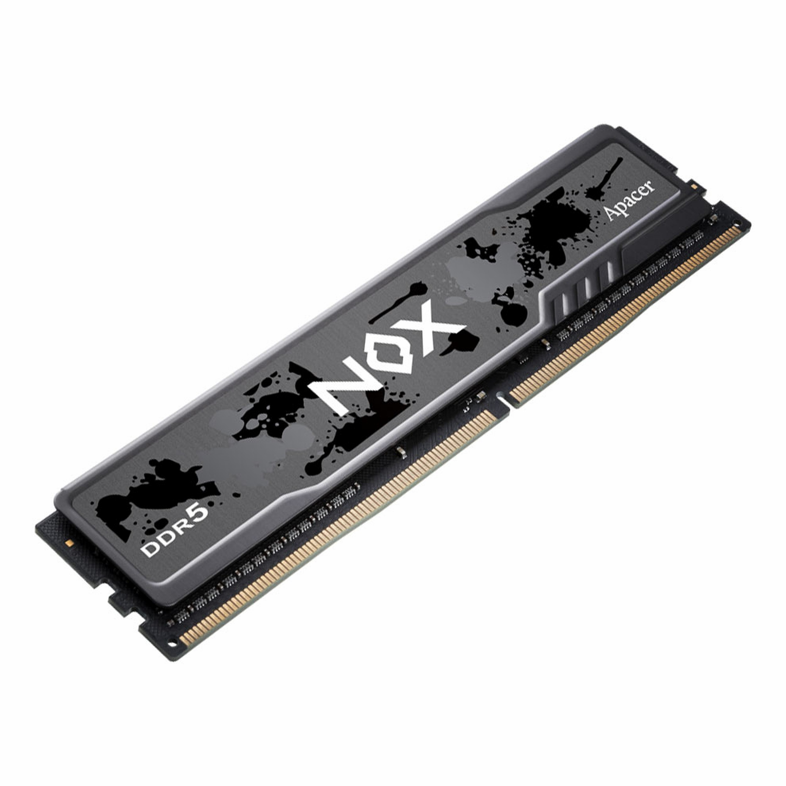 Un módulo RAM DDR5 negro con inscripciones plateadas 'NOX' y 'Apacer'.