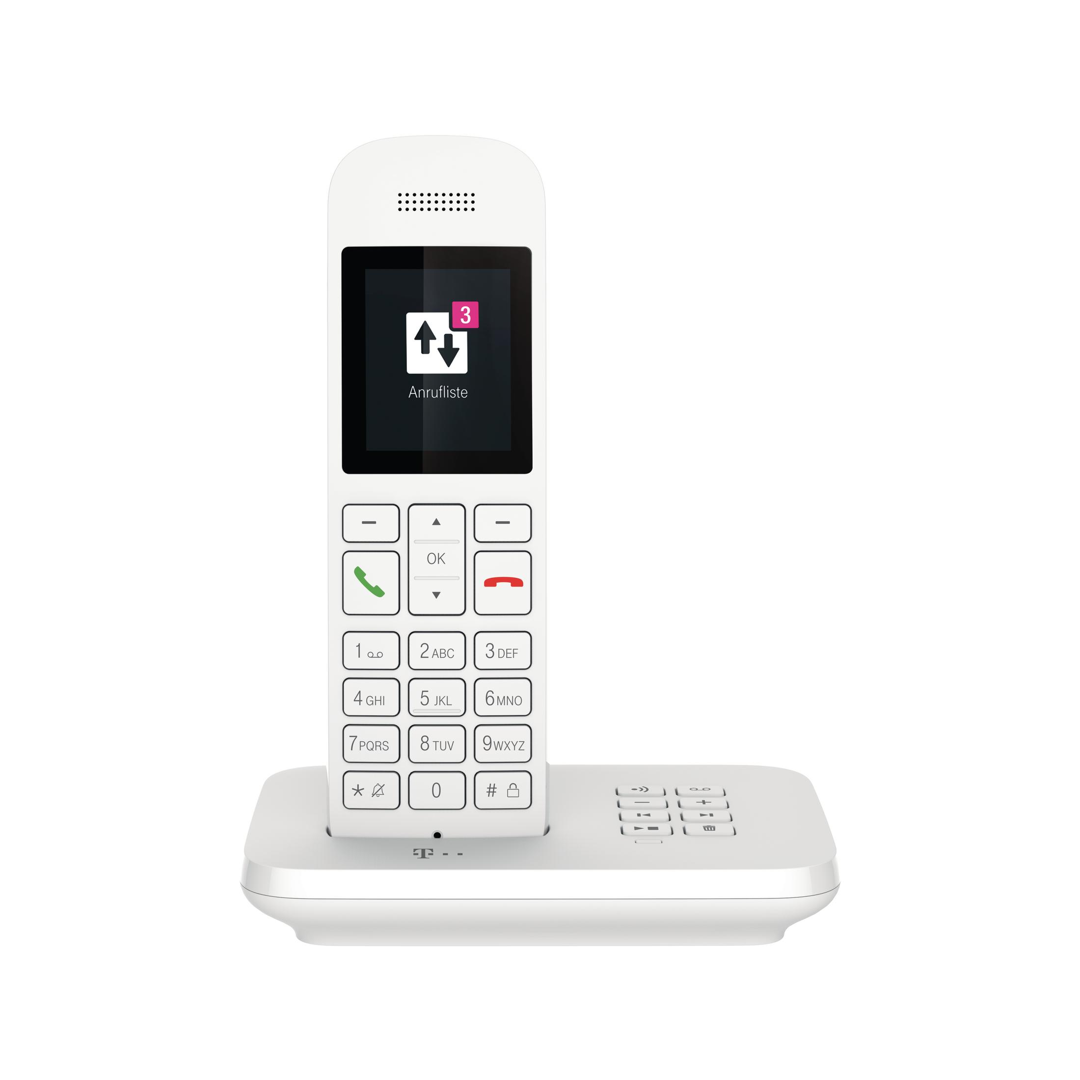 Een witte draadloze telefoon met scherm en toetsenbord op een oplaadstation.