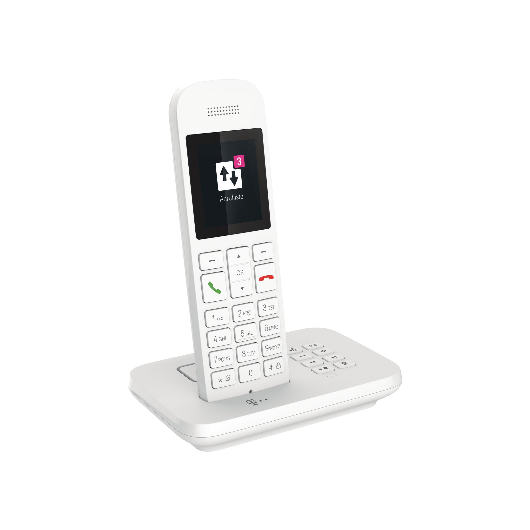 Een witte draadloze telefoon met display en toetsenbord op een oplaadstation.