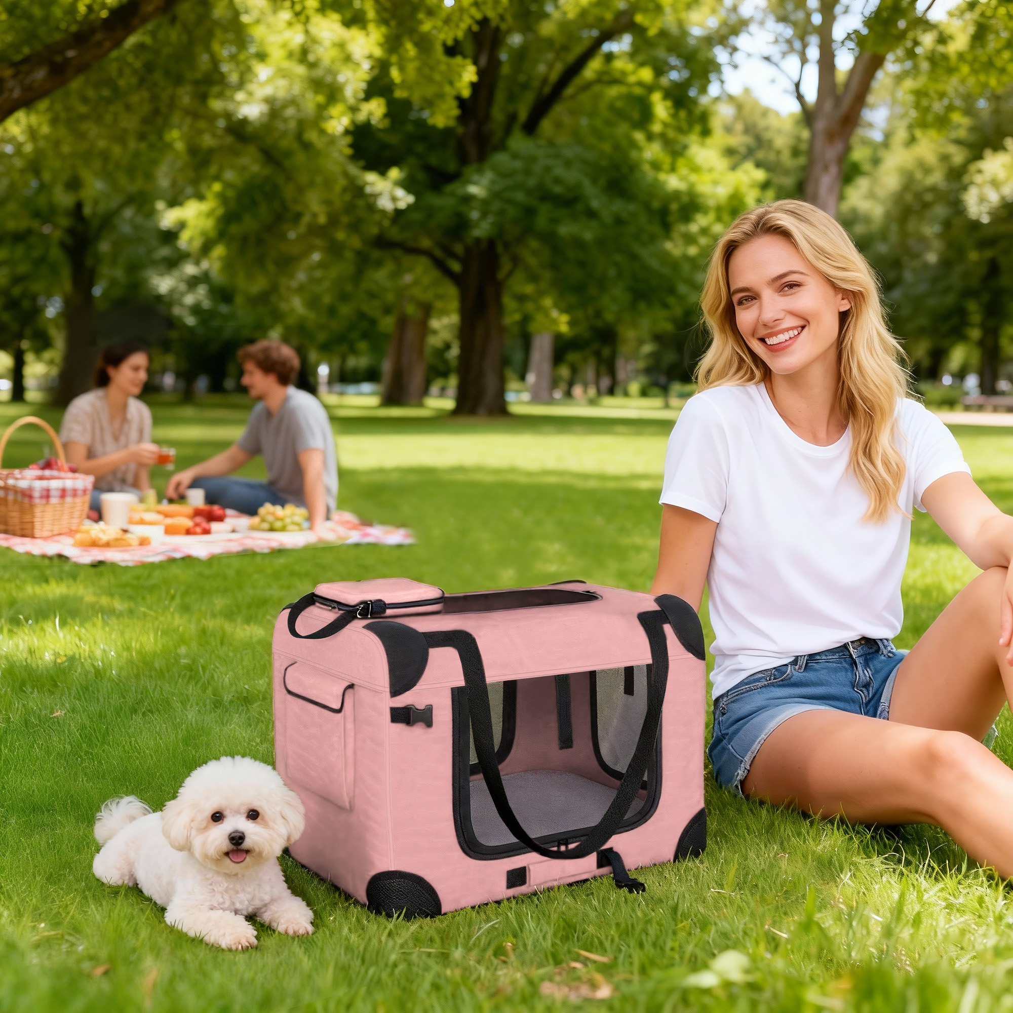 Una mujer sentada en el césped junto a un transportín rosa y un perro.