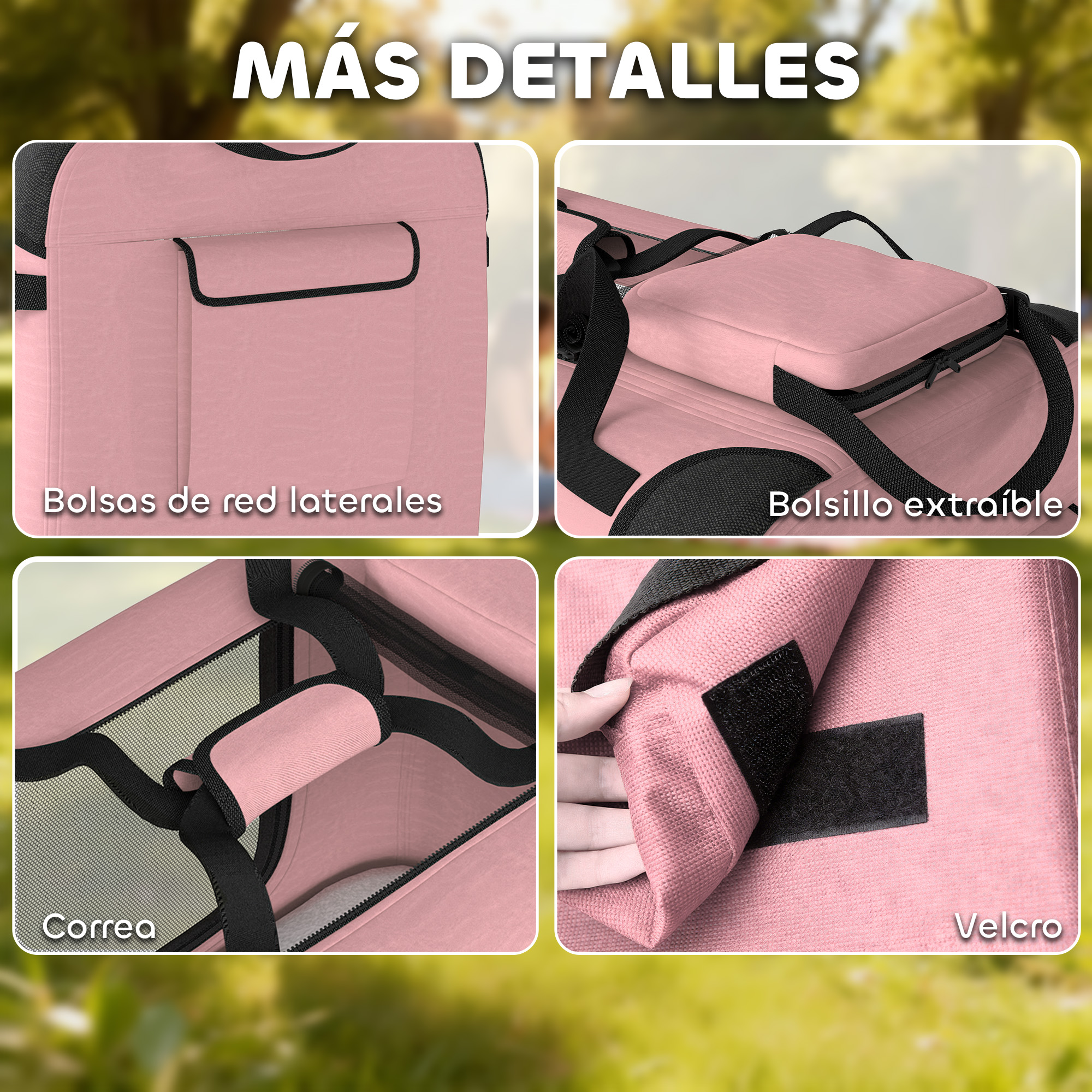 Bolsa rosa con detalles negros: bolsillos de malla, bolsillo extraíble, correa, velcro.